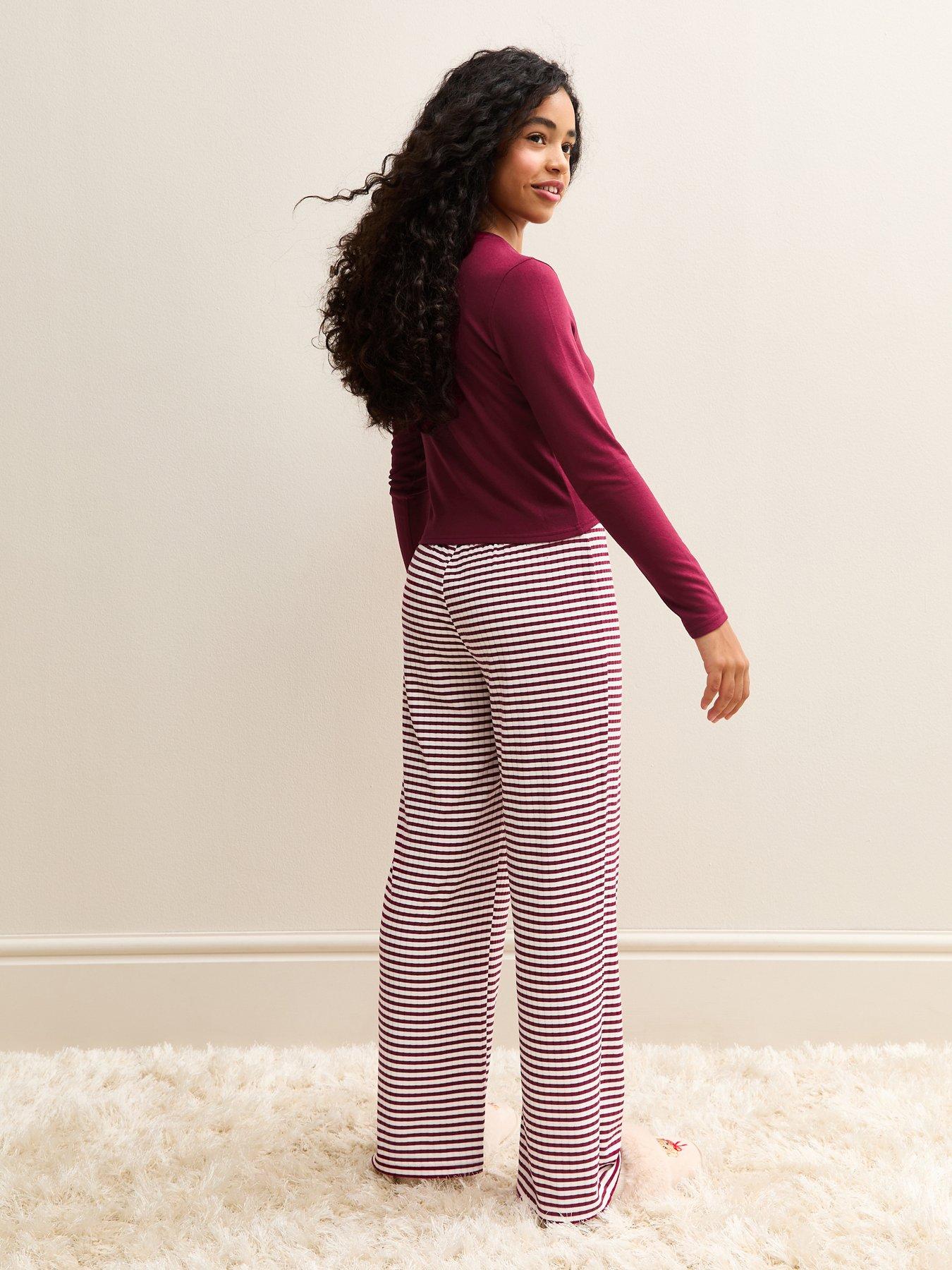 stillFront image of new-look-915-girls-long-sleeve-top-and-striped-trousers-pyjamas-set-dark-burgundy