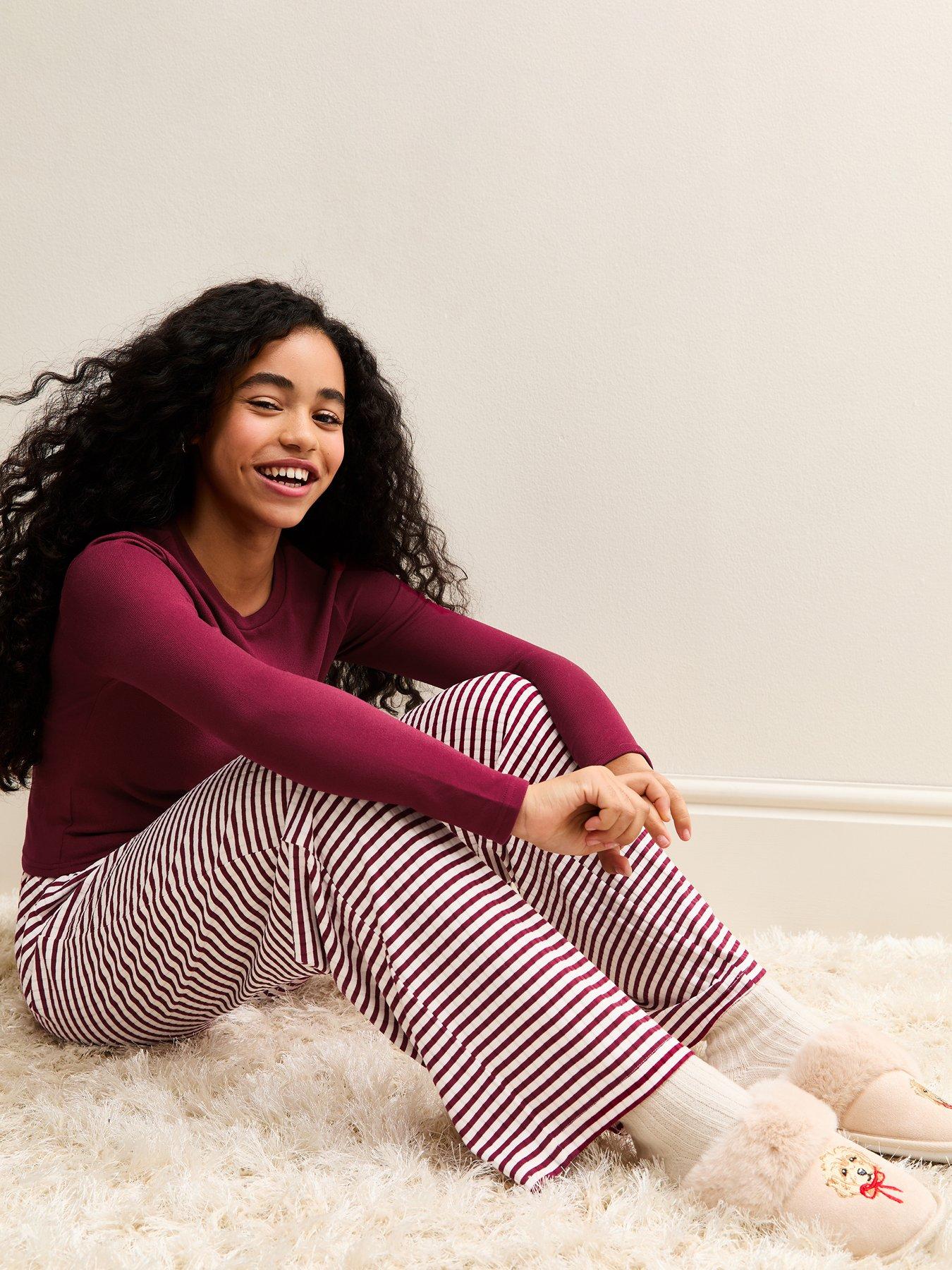  image of new-look-915-girls-long-sleeve-top-and-striped-trousers-pyjamas-set-dark-burgundy