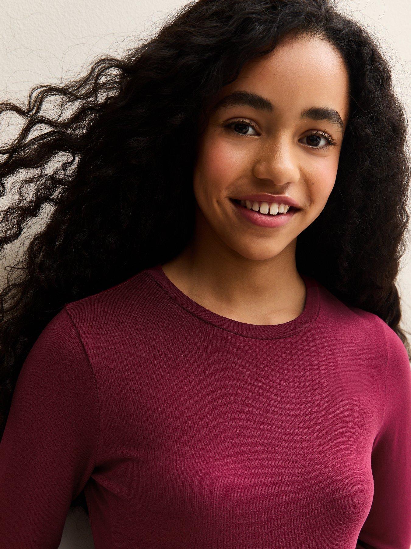  image of new-look-915-girls-long-sleeve-top-and-striped-trousers-pyjamas-set-dark-burgundy