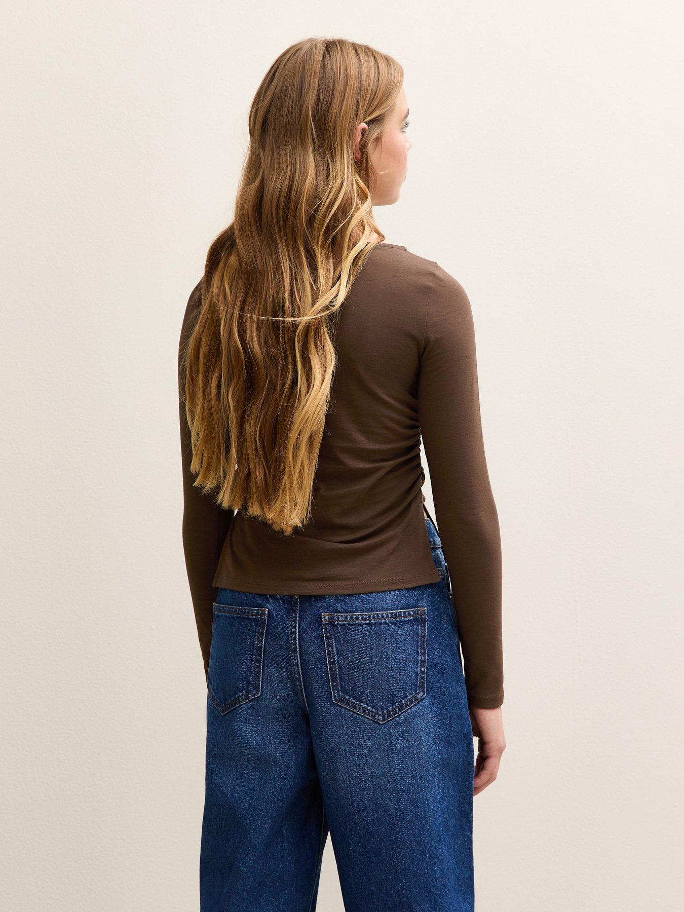 stillFront image of new-look-915-girls-long-sleeve-ruched-side-slit-top-dark-brown