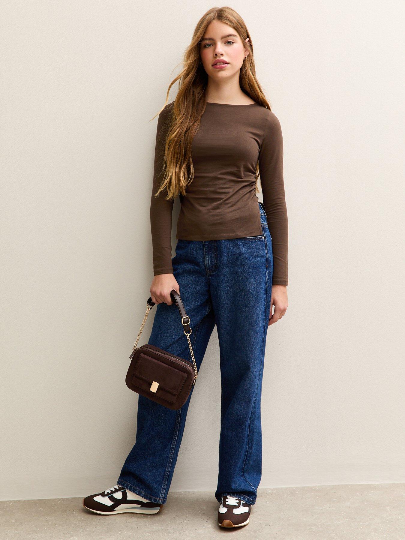  image of new-look-915-girls-long-sleeve-ruched-side-slit-top-dark-brown