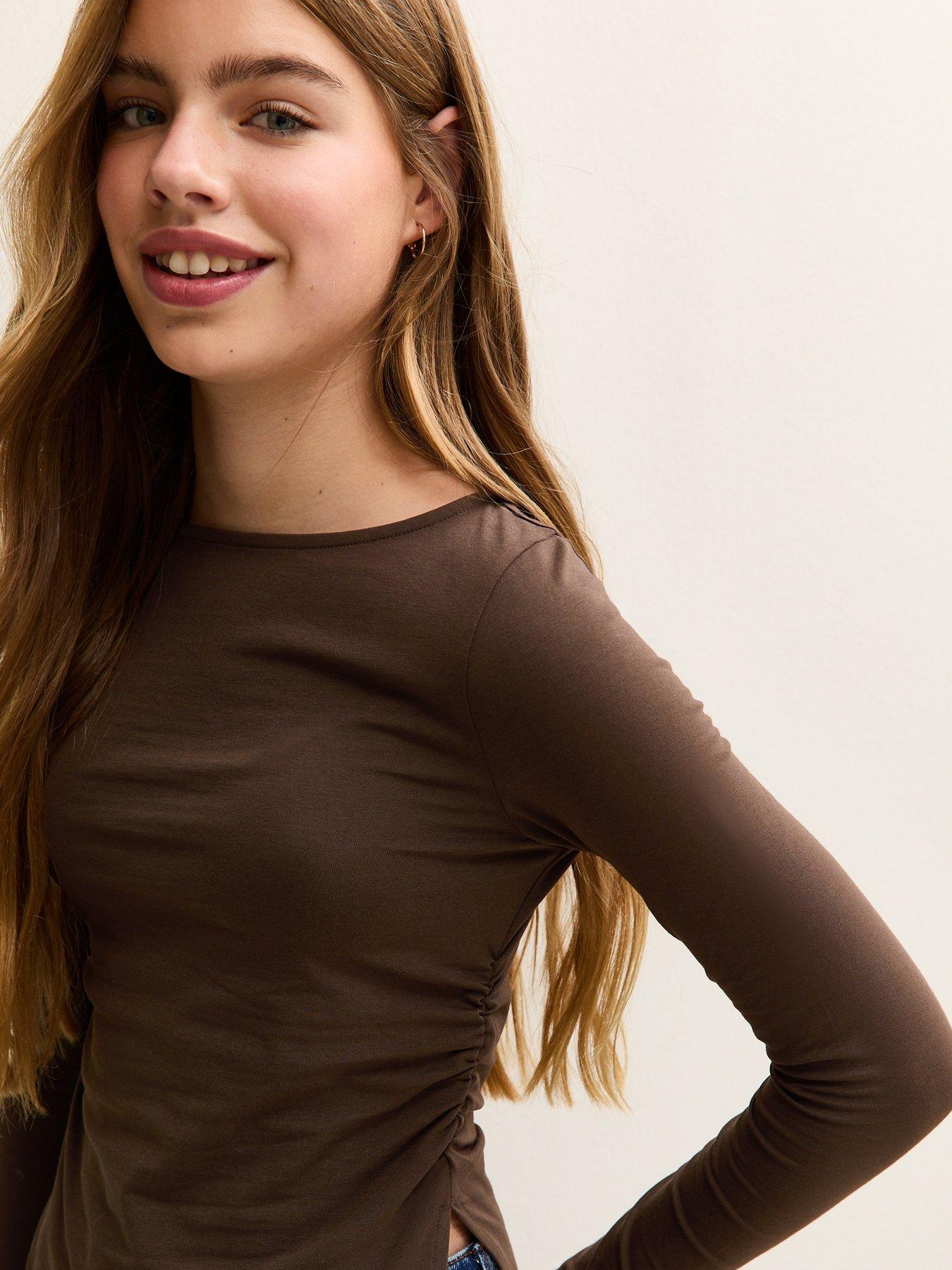  image of new-look-915-girls-long-sleeve-ruched-side-slit-top-dark-brown