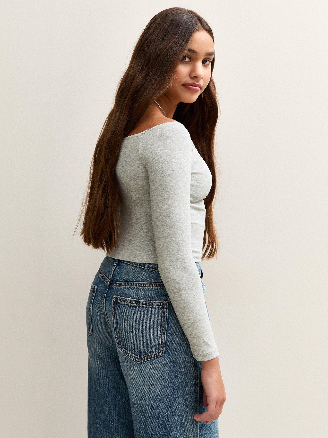 stillFront image of new-look-915-girls-square-neck-long-sleeve-top-grey