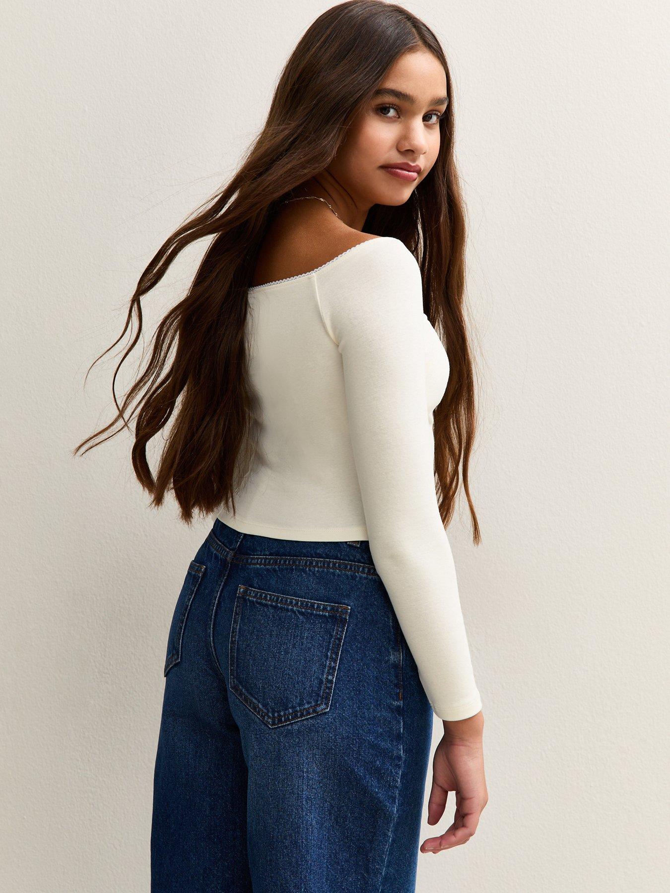  image of new-look-915-girls-square-neck-long-sleeve-top-cream