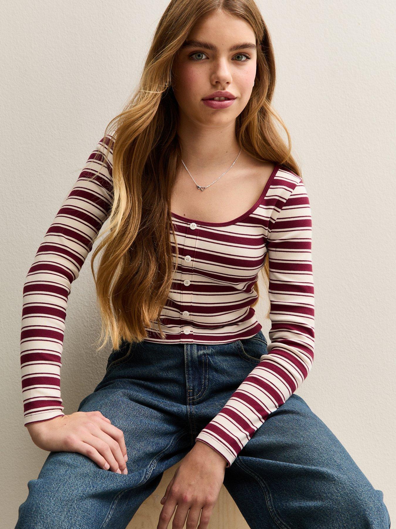 New Look 915 Girls Stripe Cropped Long Sleeve Top -Red