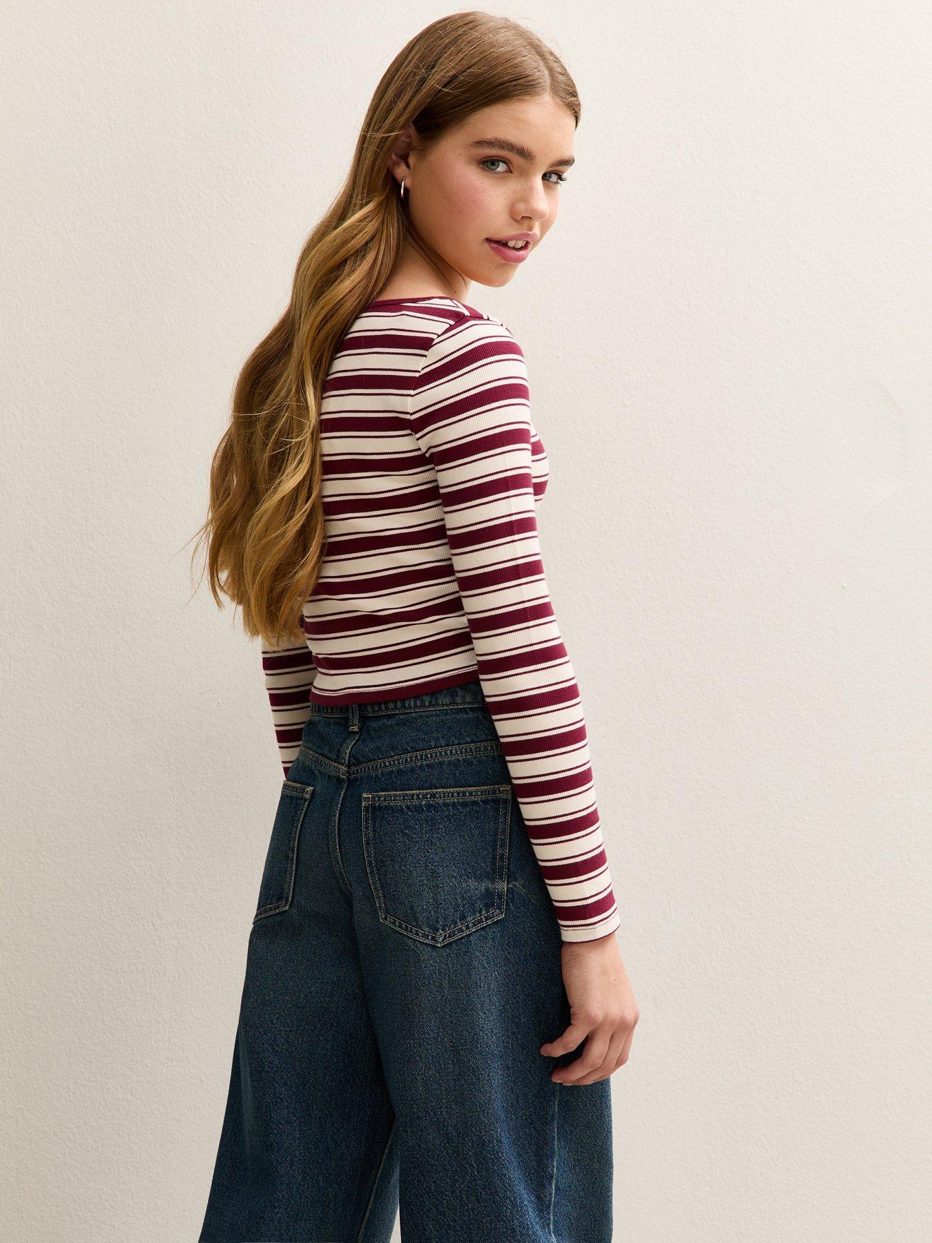 stillFront image of new-look-915-girls-stripe-cropped-long-sleeve-top--red