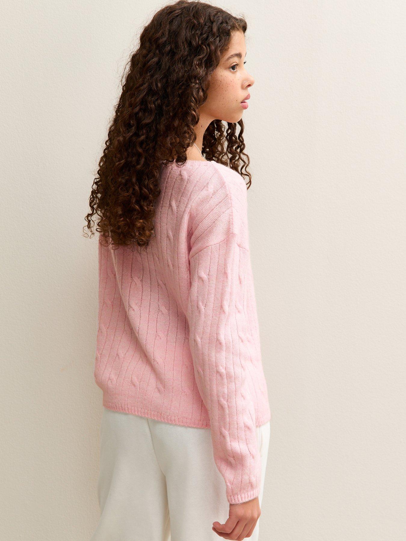  image of new-look-915-girls-light-pink-cable-knit-bow-jumper