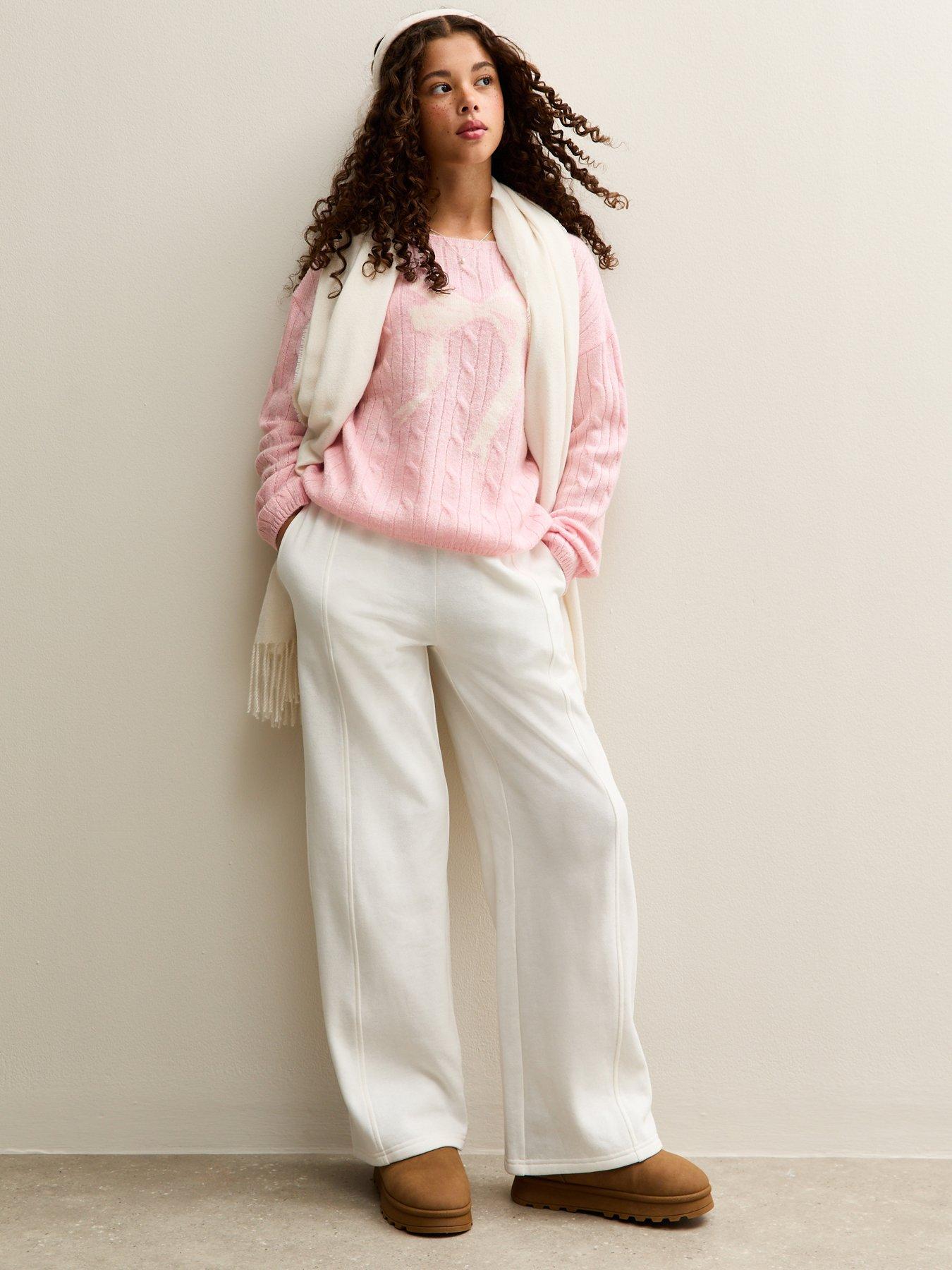  image of new-look-915-girls-light-pink-cable-knit-bow-jumper