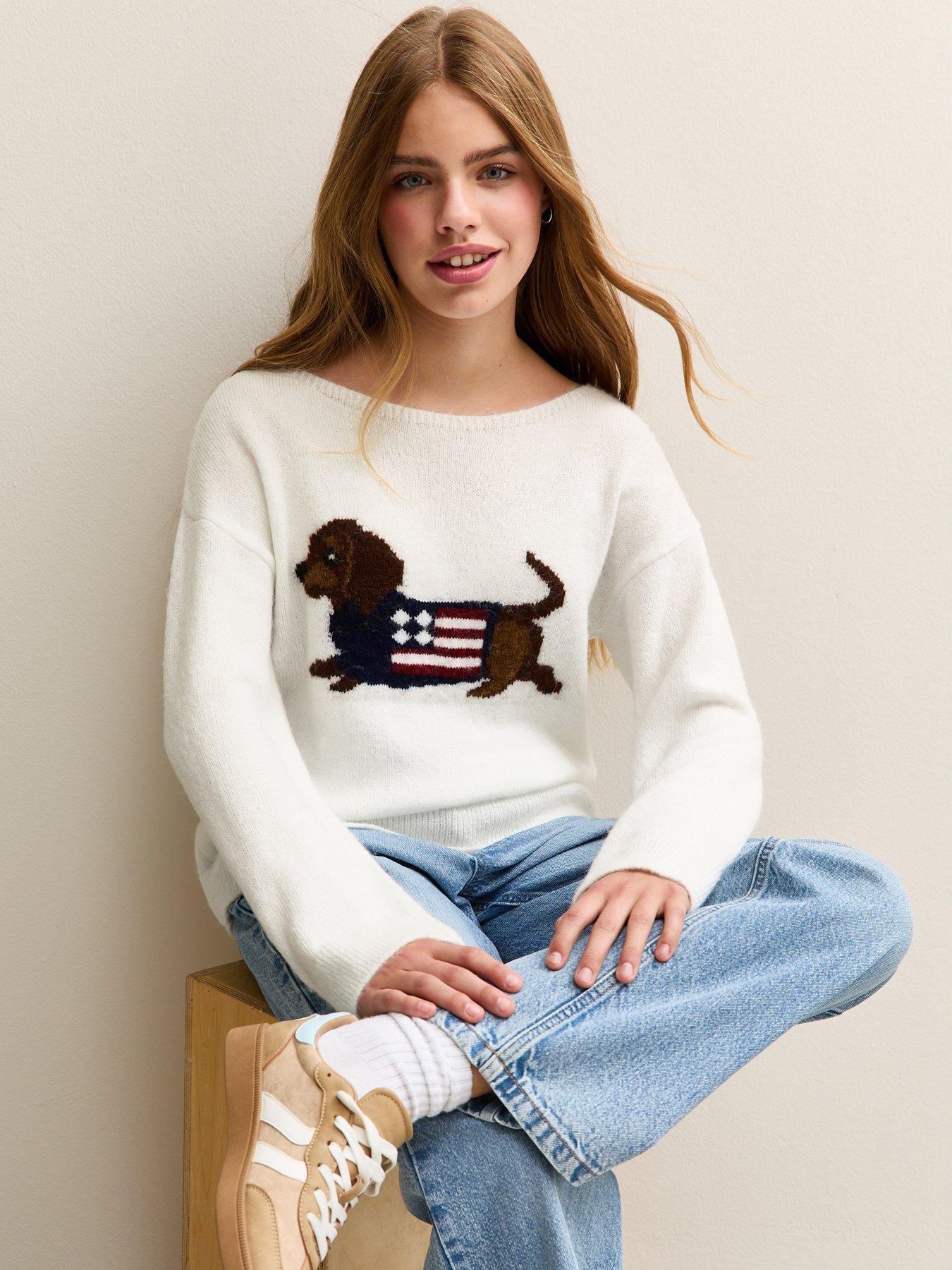 New Look 915 Girls White Sausage Dog Design Slash Neck Jumper