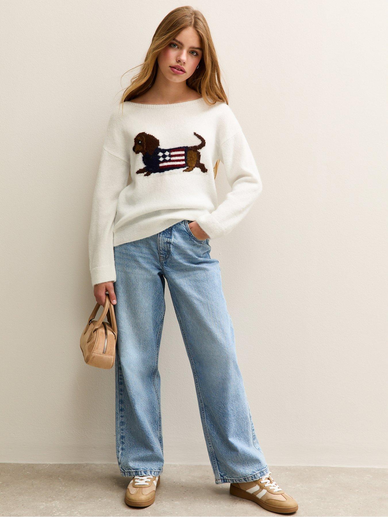 Image 3 of 5 of New Look 915 Girls White Sausage Dog Design Slash Neck Jumper