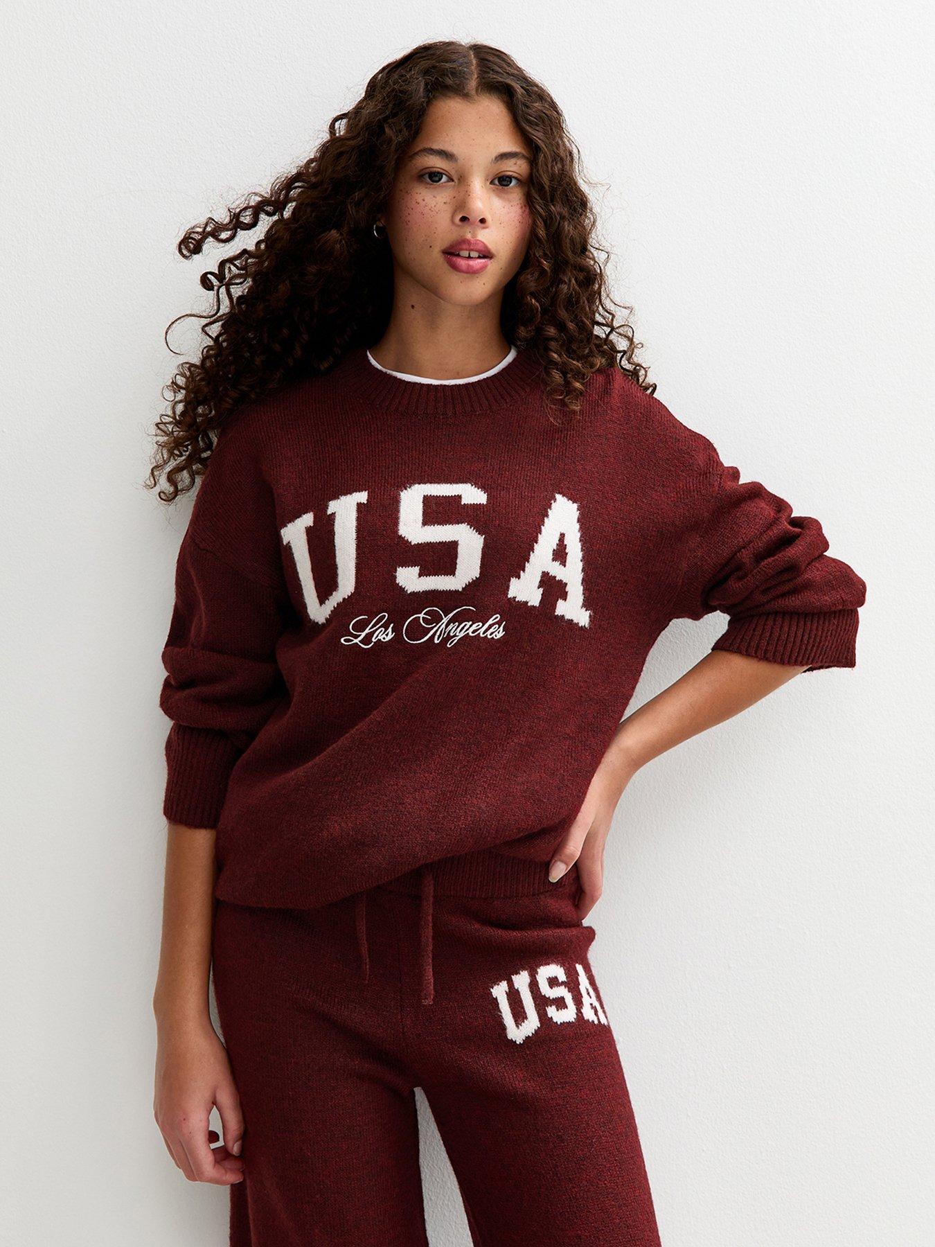 New Look 915 Girls Burgundy USA Slogan Jumper - Dark Red
