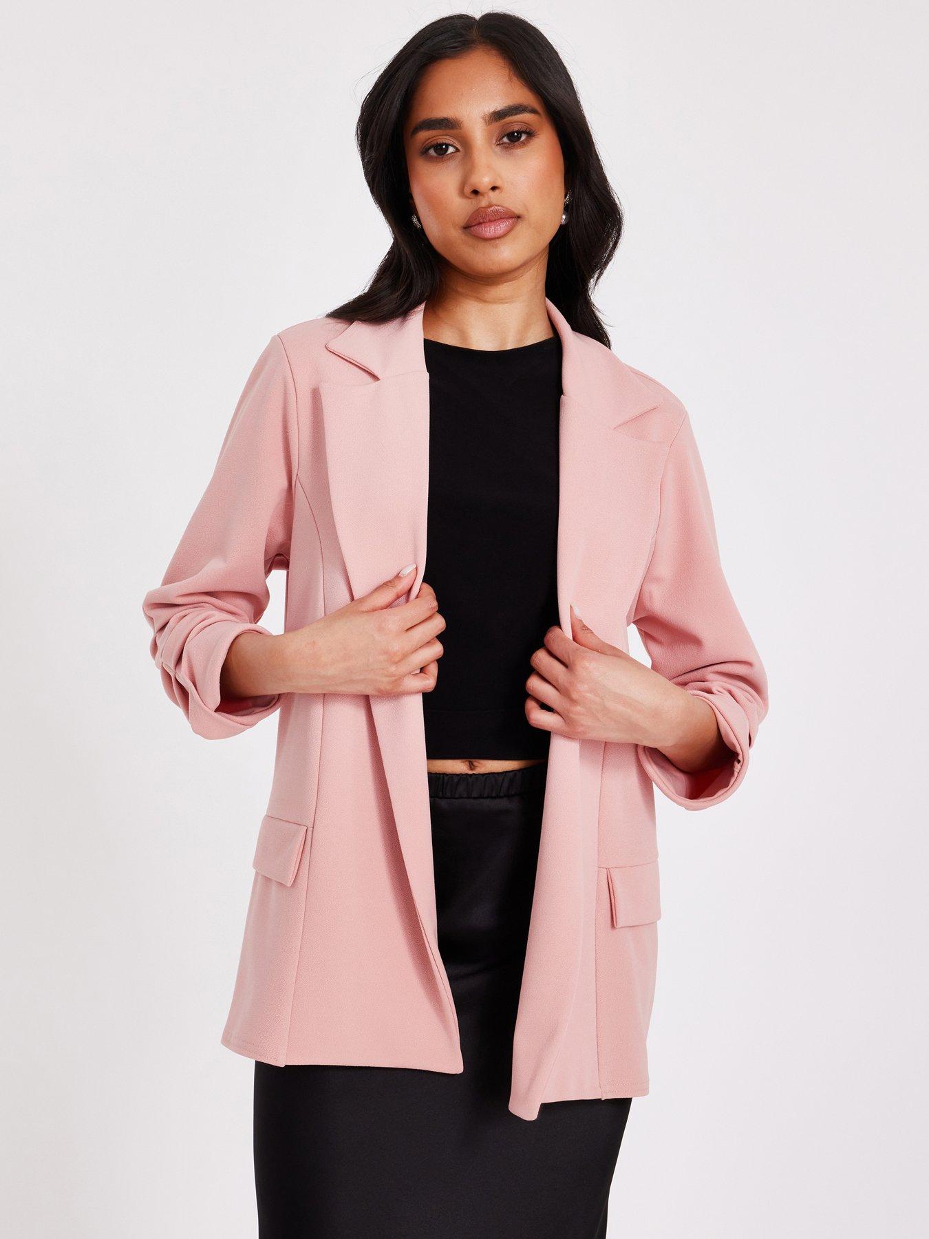 Image 1 of 6 of Quiz Petite Pink Ruched Sleeve Blazer