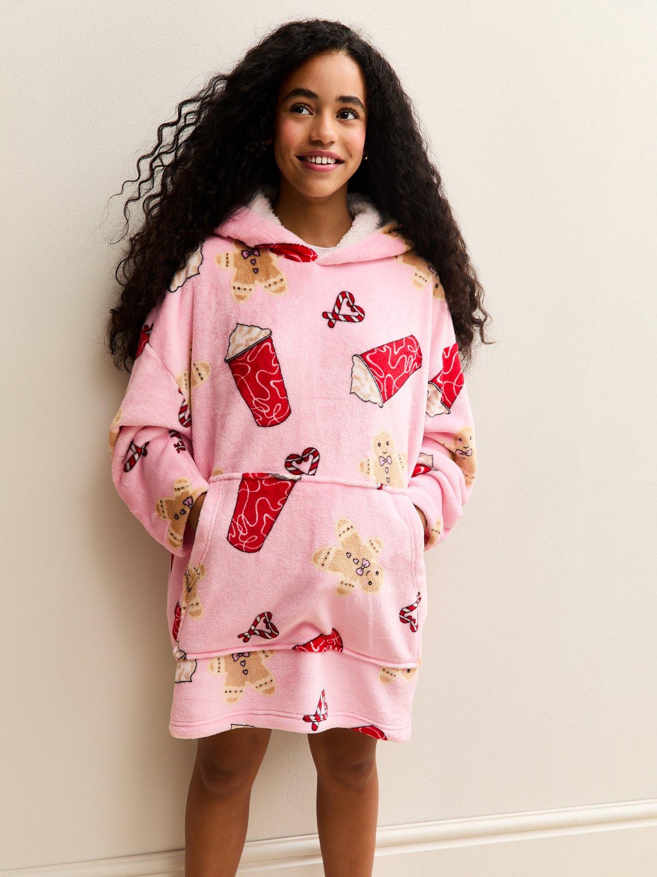  image of new-look-915-girls-dessert-print-oversized-fleece-hoodie-pink