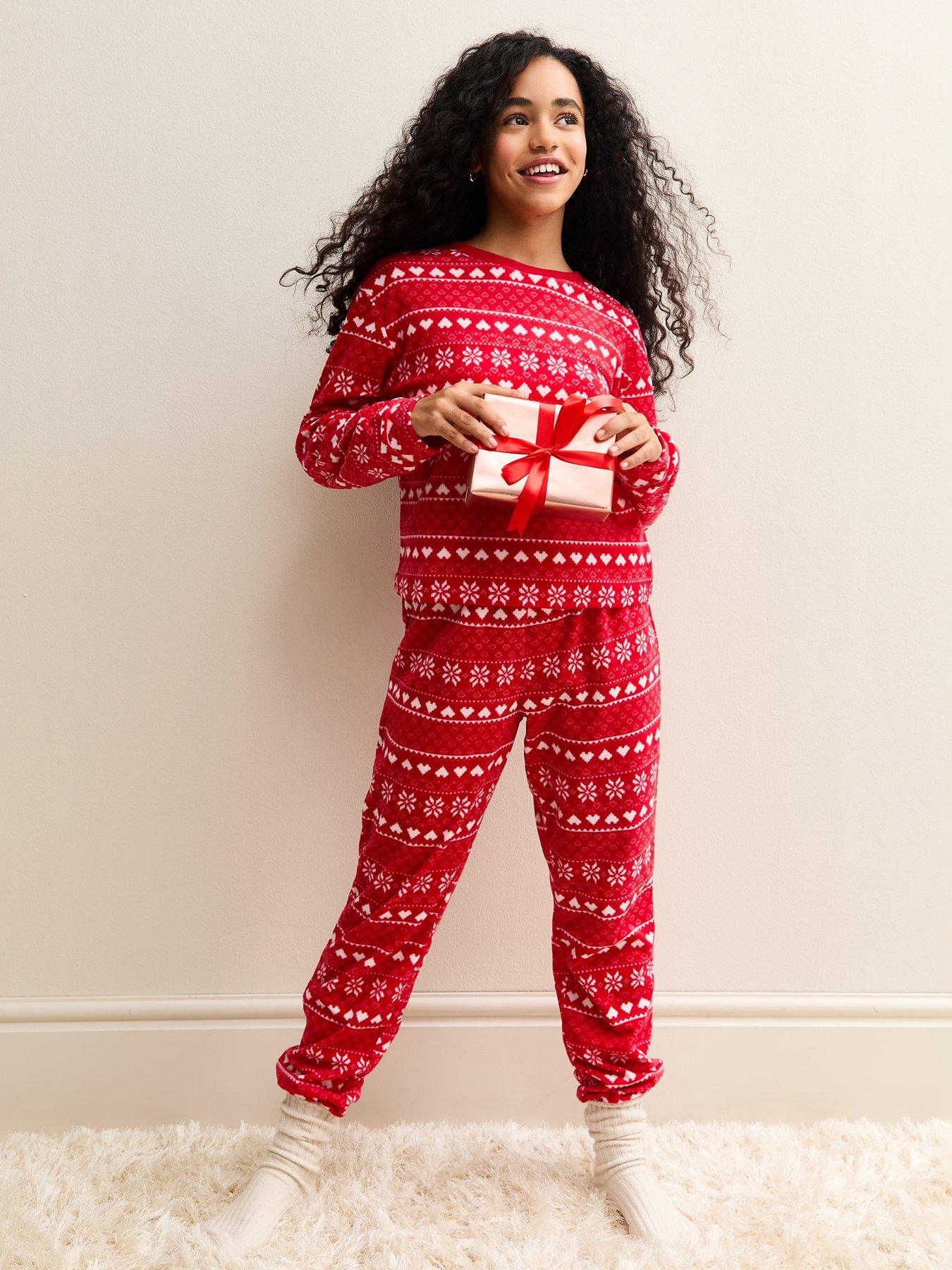 front image of new-look-915-girls-fairisle-long-sleeve-top-and-tapered-trousers-pyjama-set-red