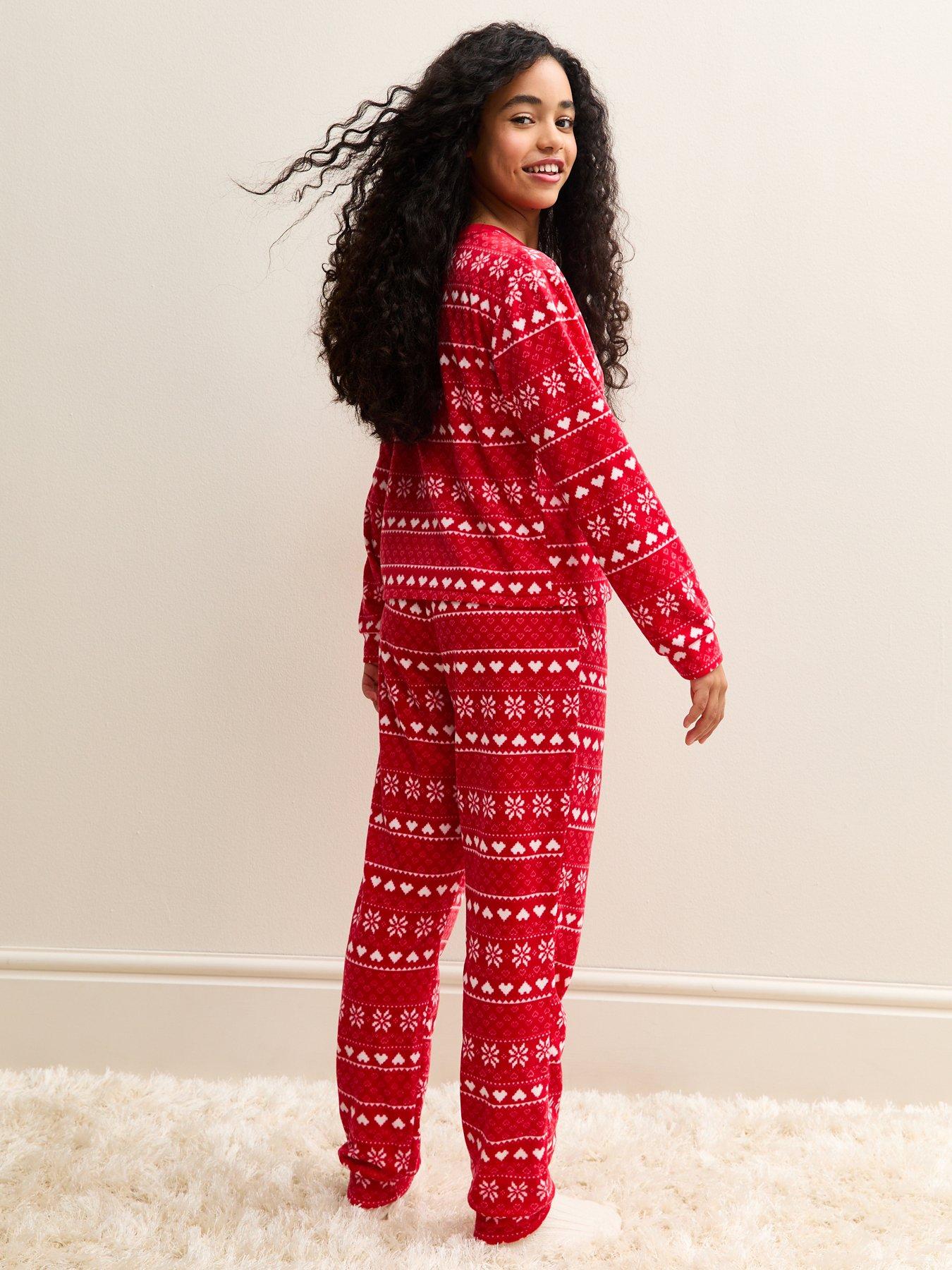  image of new-look-915-girls-fairisle-long-sleeve-top-and-tapered-trousers-pyjama-set-red