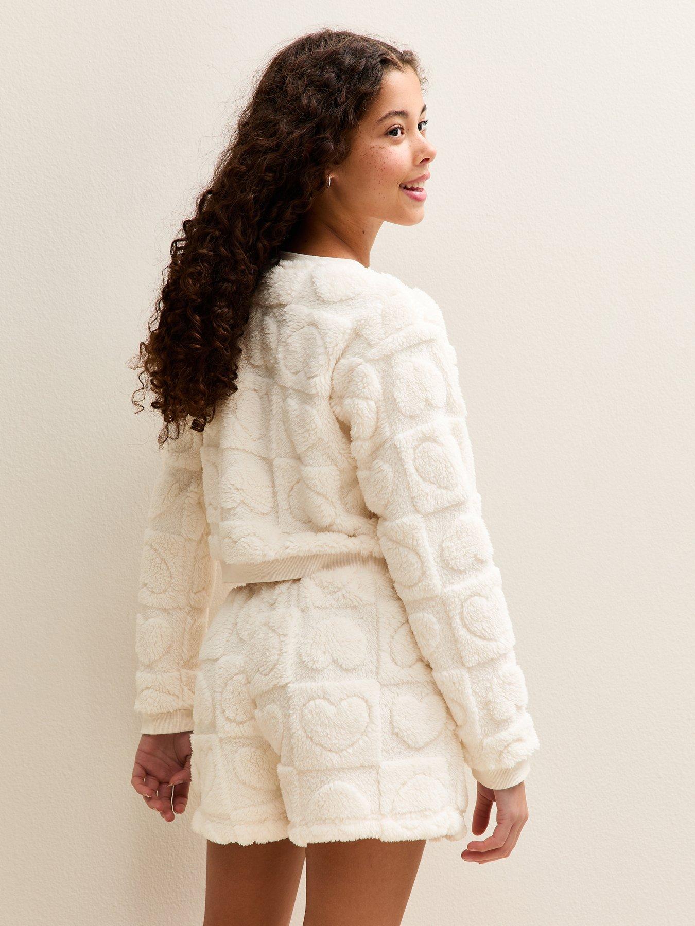 stillFront image of new-look-915-girls-fleece-heart-patterned-top-and-shorts-set-cream