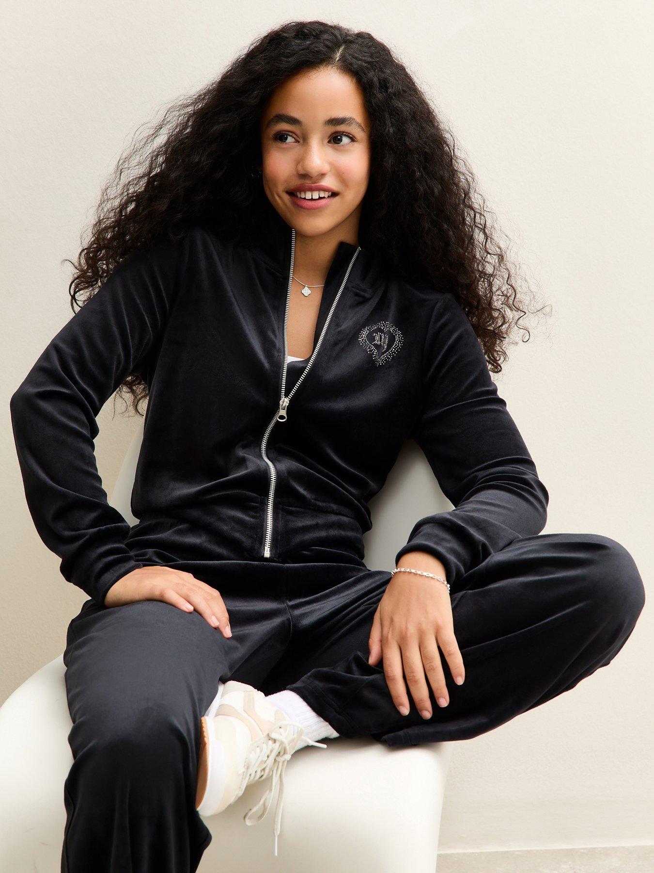 New Look 915 Girls Black Velour Diamante Embellished New York Zip Up Co-ord Top - Black