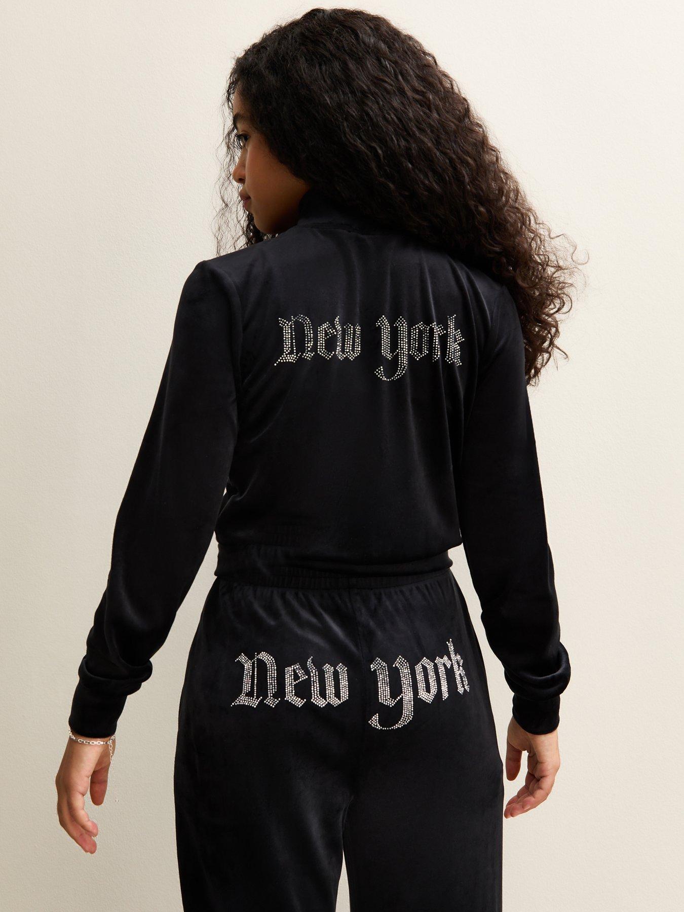 stillFront image of new-look-915-girls-velour-diamante-embellished-york-zip-up-top-black