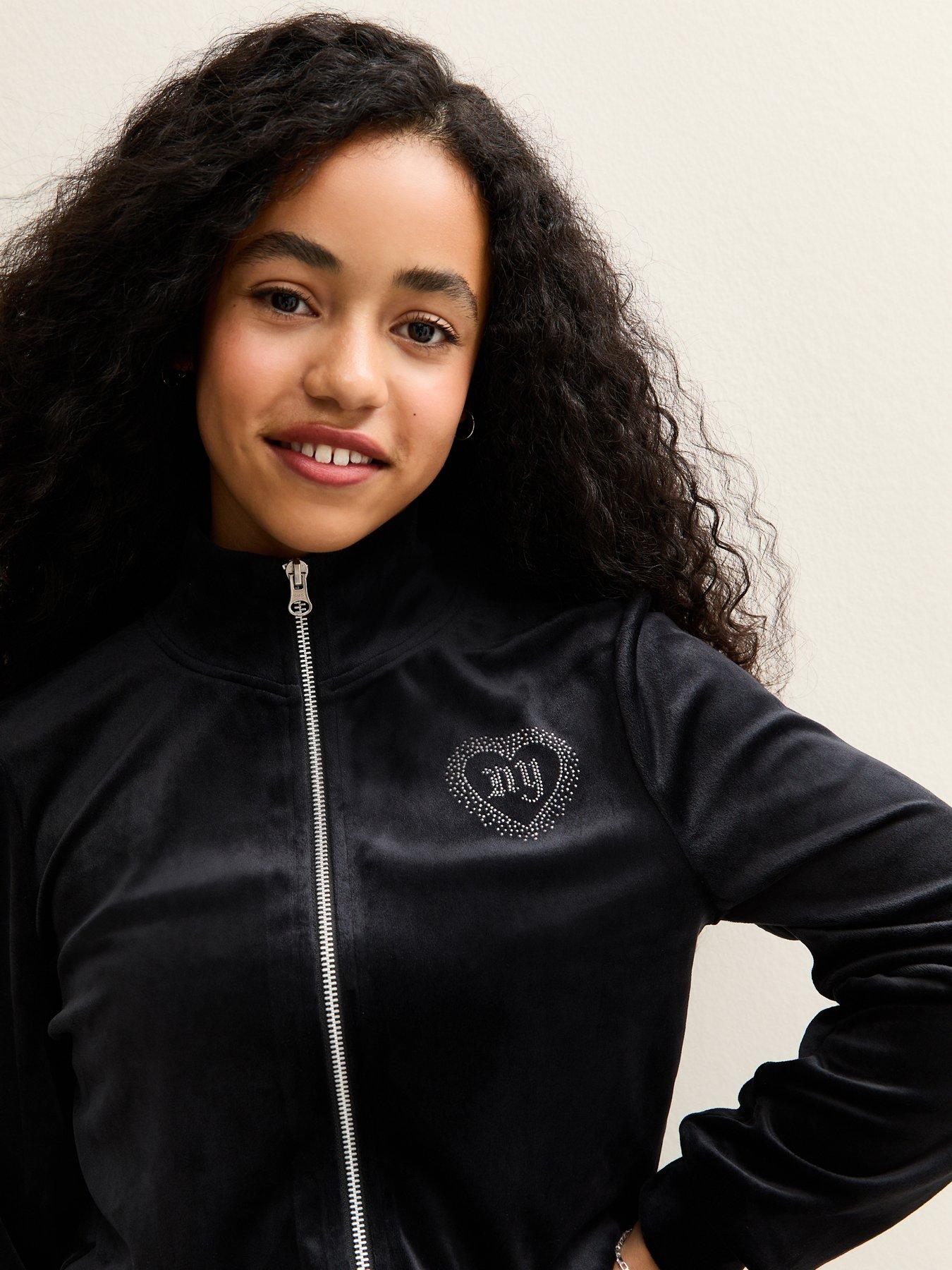  image of new-look-915-girls-velour-diamante-embellished-york-zip-up-top-black