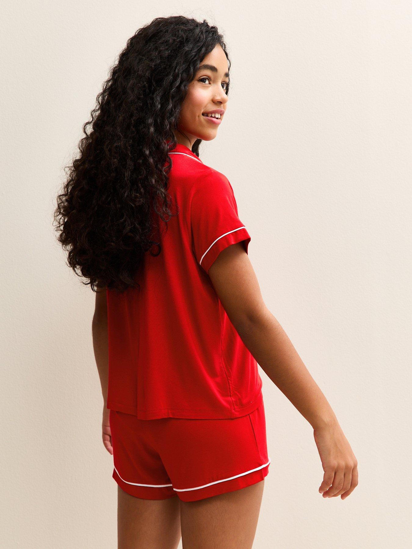  image of new-look-915-girls-jersey-embroidered-heart-shirt-and-shorts-pyjama-set-red