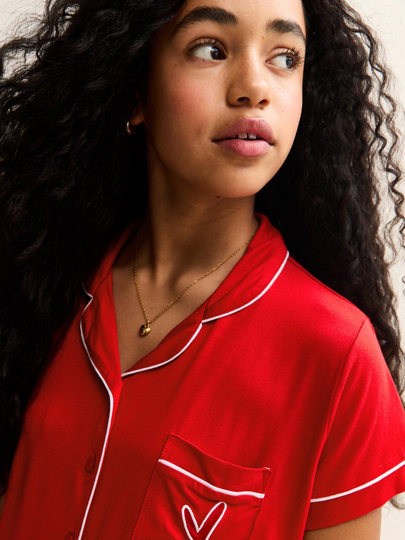  image of new-look-915-girls-jersey-embroidered-heart-shirt-and-shorts-pyjama-set-red