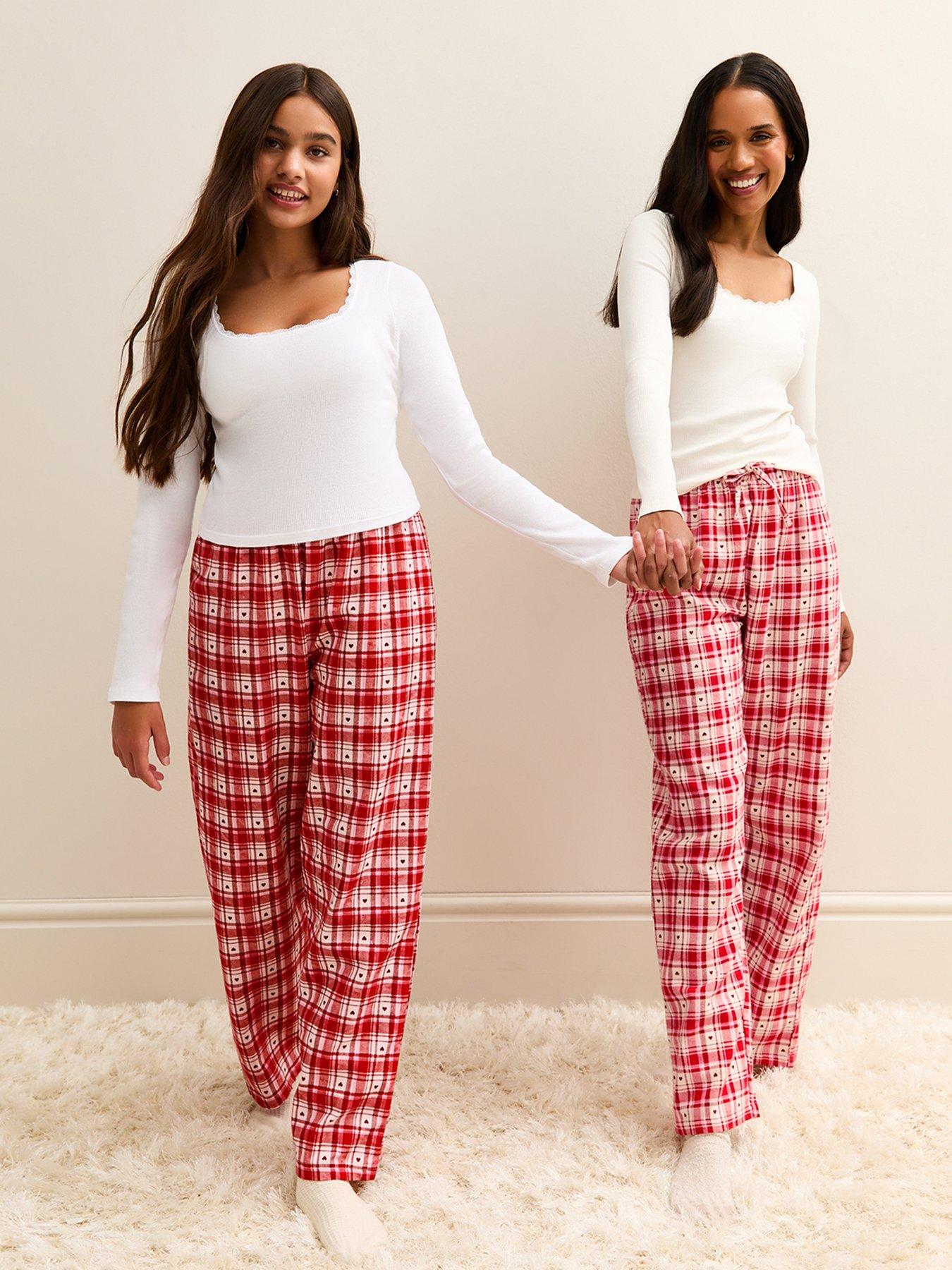 front image of new-look-915-girls-red-long-sleeve-top-and-check-trousers-pyjama-set-white