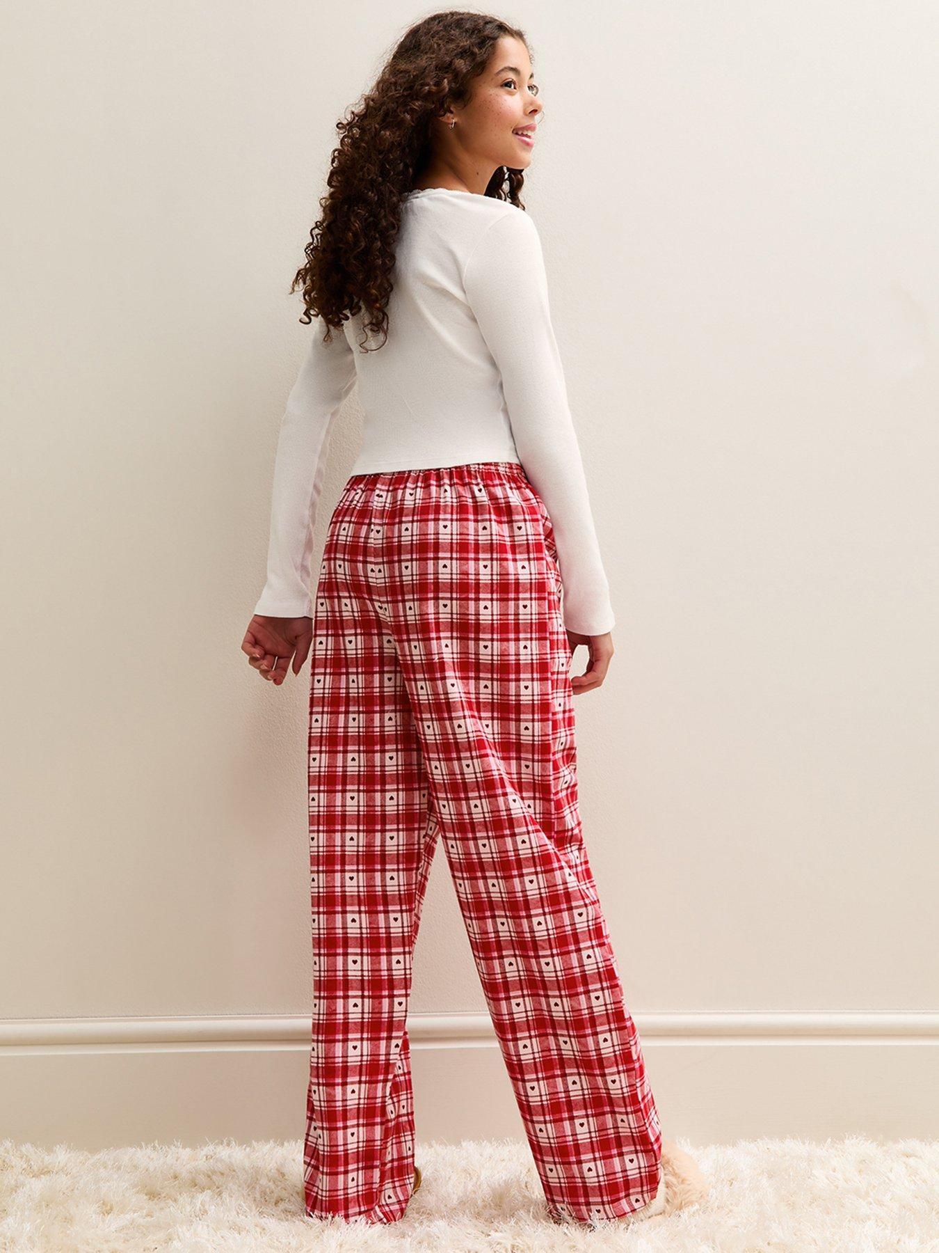 stillFront image of new-look-915-girls-red-long-sleeve-top-and-check-trousers-pyjama-set-white
