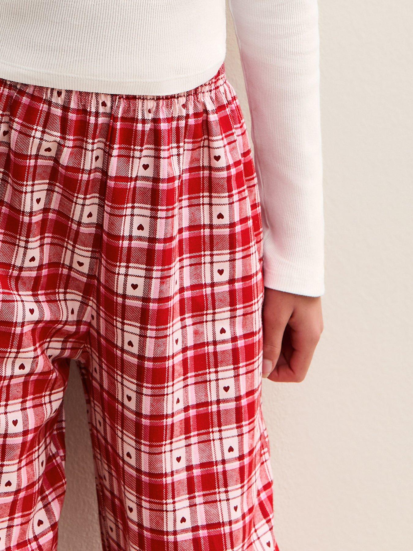  image of new-look-915-girls-red-long-sleeve-top-and-check-trousers-pyjama-set-white