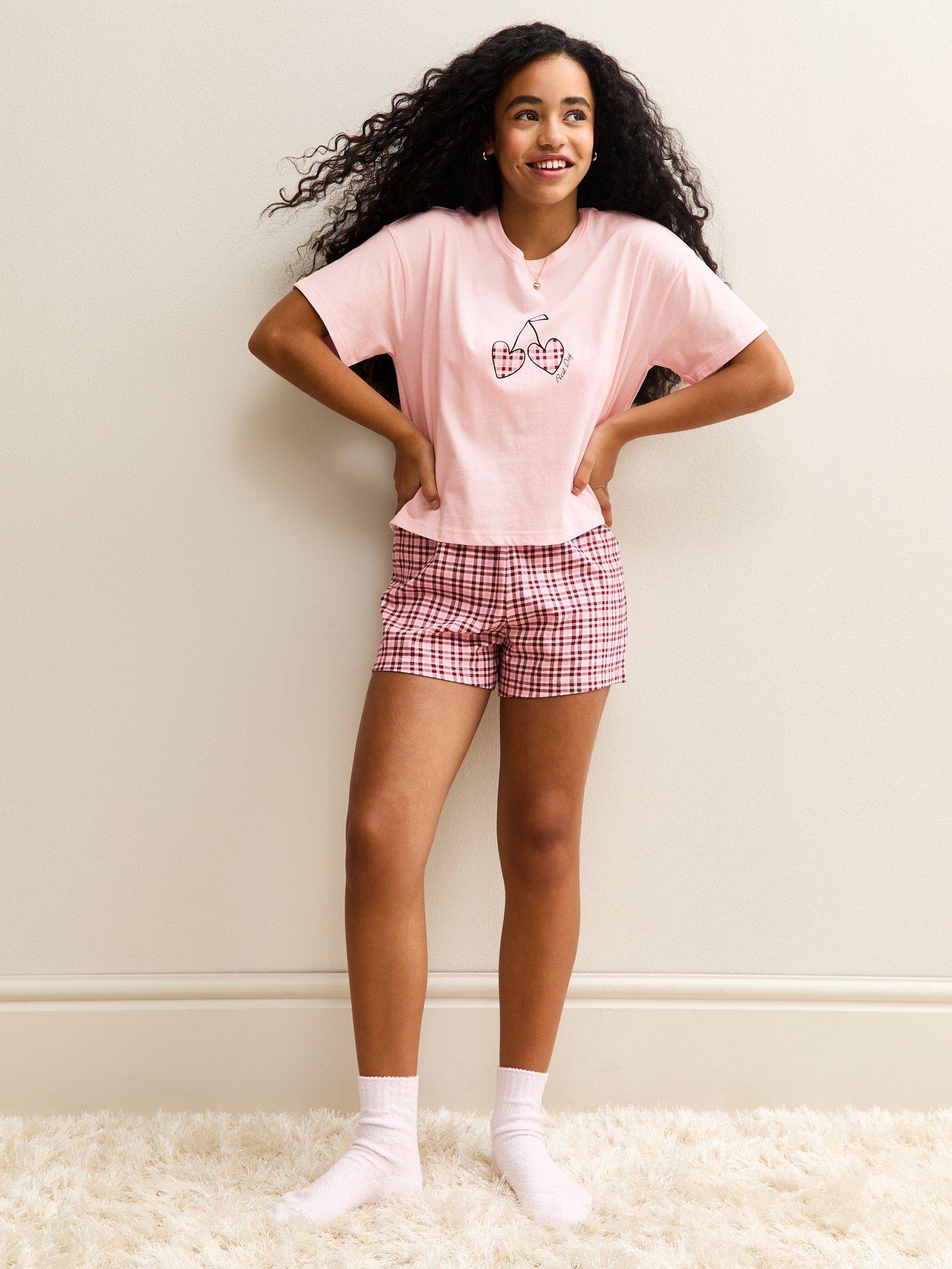  image of new-look-915-girls-check-t-shirt-and-shorts-pyjama-set-pink