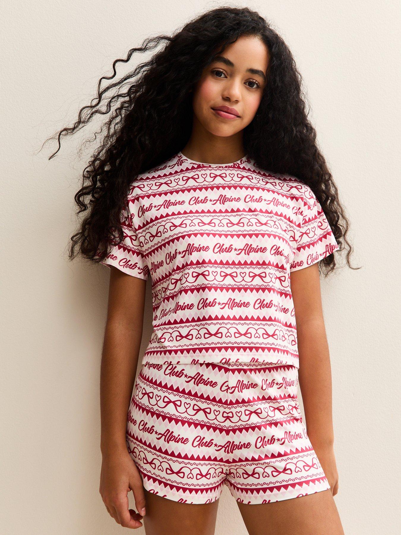  image of new-look-915-girls-bows-alpine-club-short-sleeve-top-and-shorts-pyjama-set-red