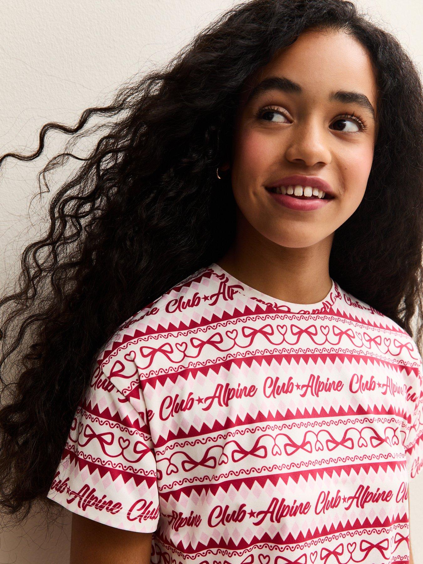  image of new-look-915-girls-bows-alpine-club-short-sleeve-top-and-shorts-pyjama-set-red