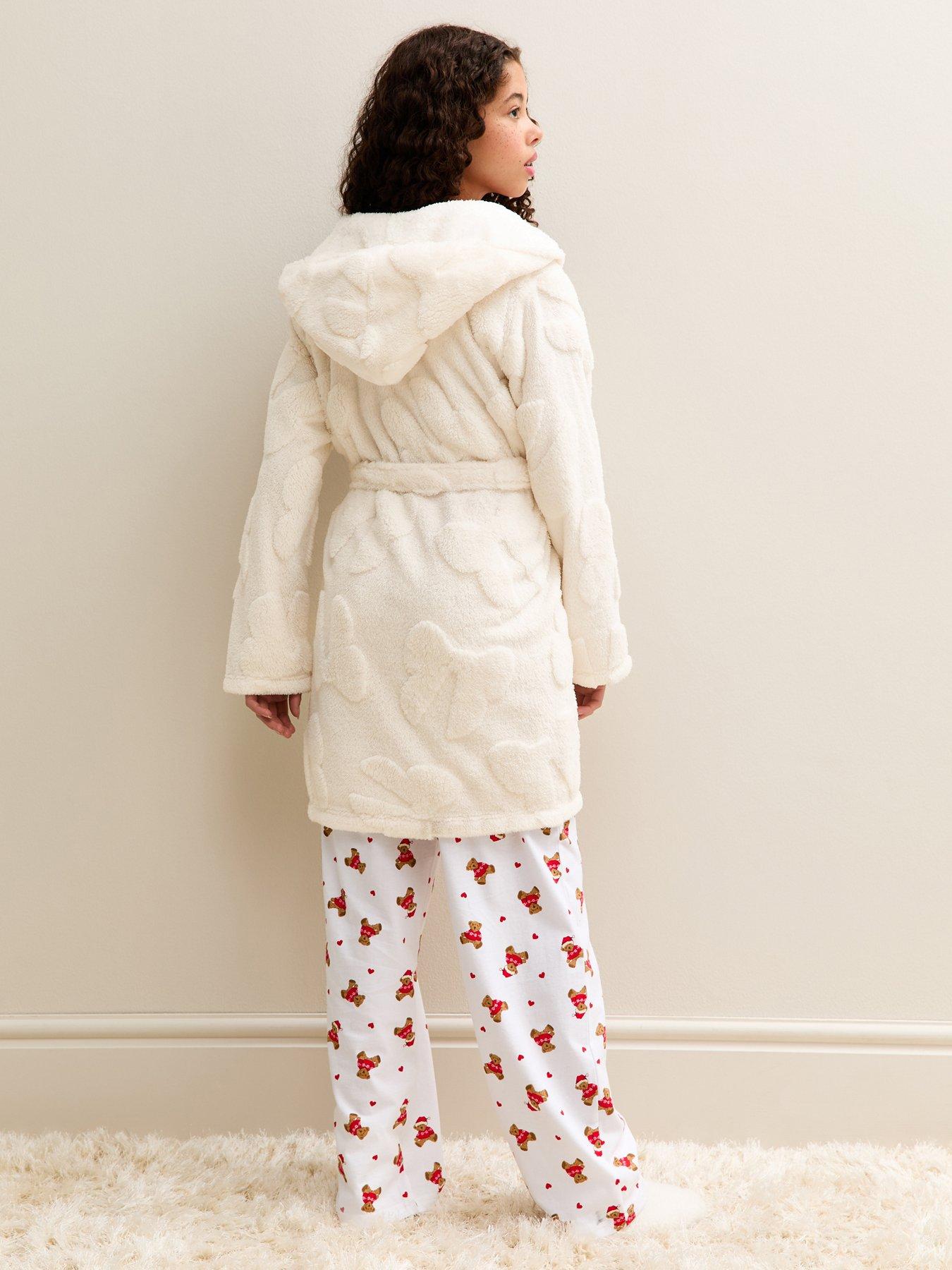 stillFront image of new-look-915-girls-bow-pattern-hooded-dressing-gown-cream
