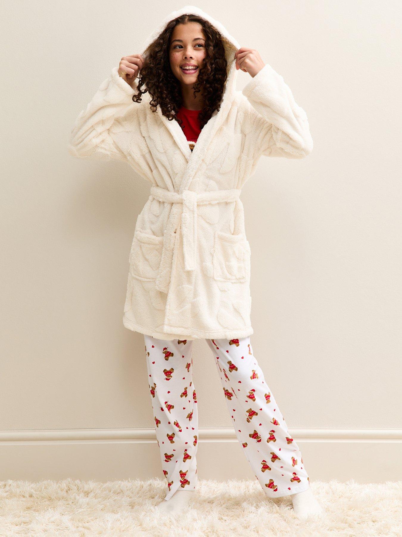  image of new-look-915-girls-bow-pattern-hooded-dressing-gown-cream