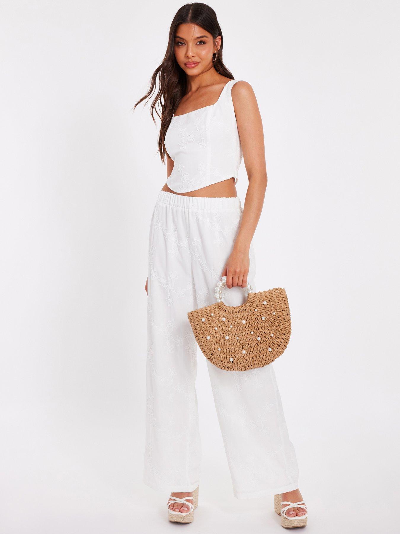 Image 1 of 6 of Quiz White Floral Embroidered Palazzo Trousers