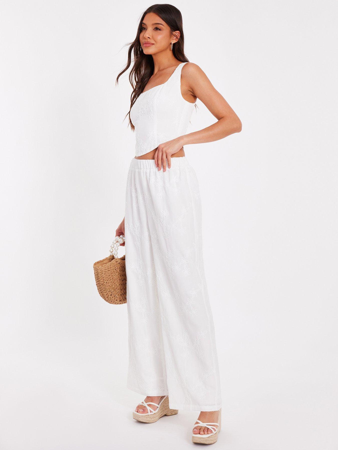 Image 3 of 6 of Quiz White Floral Embroidered Palazzo Trousers