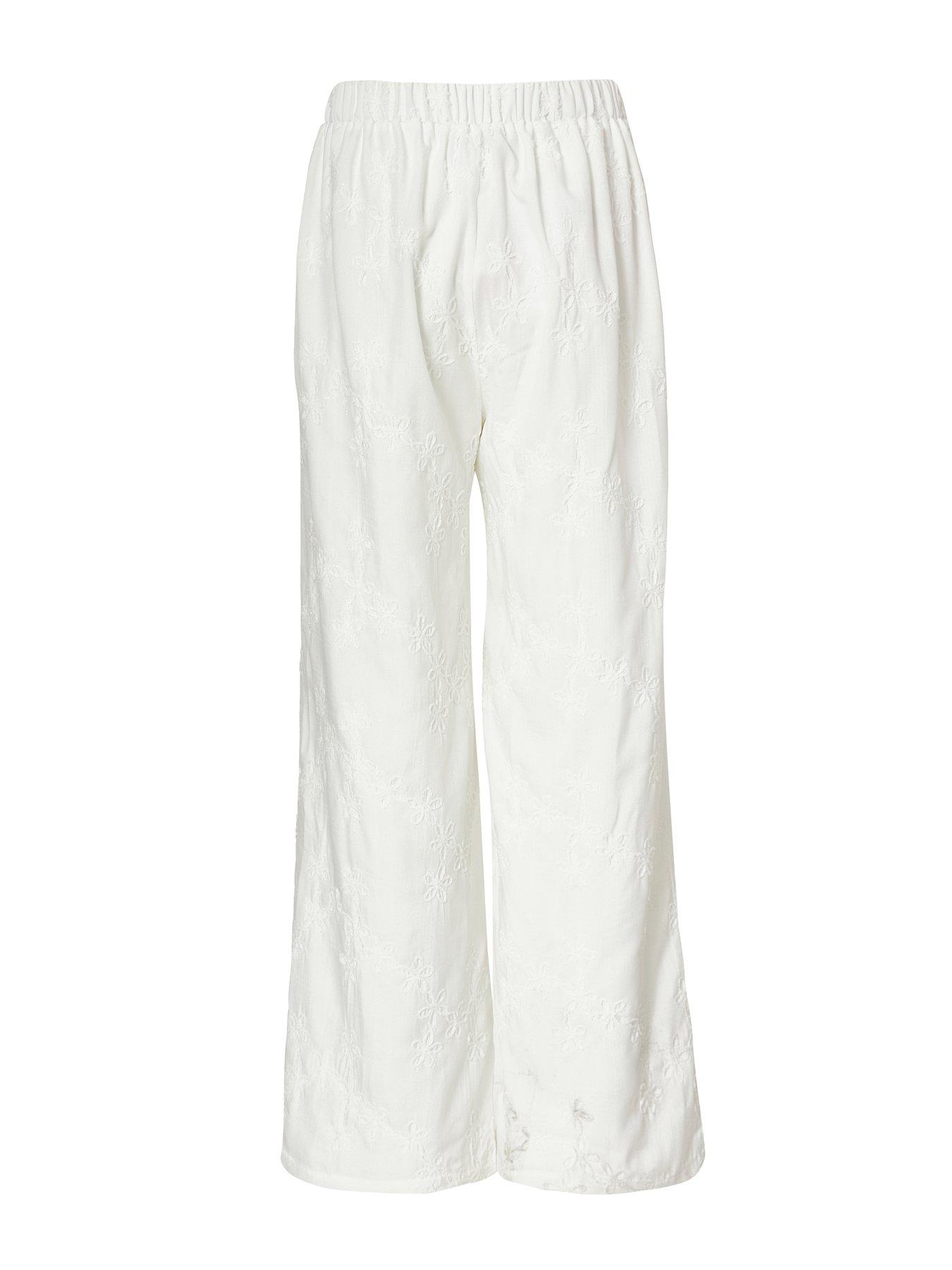 Image 5 of 6 of Quiz White Floral Embroidered Palazzo Trousers