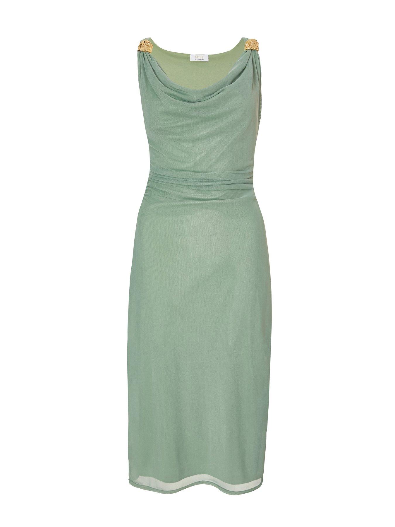 Image 4 of 6 of Quiz Light Green Mesh Buckle Detail Midi Dress
