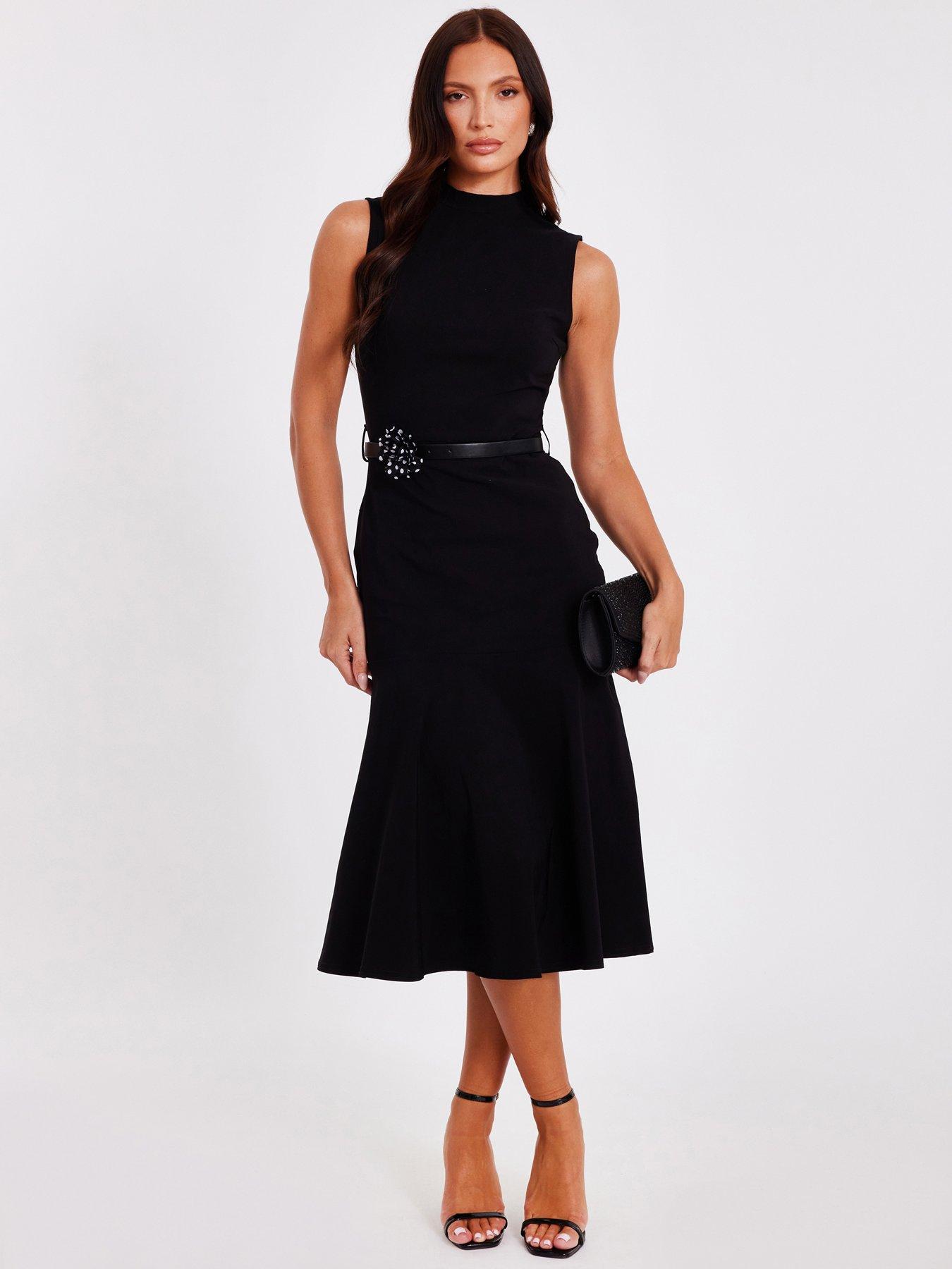 Image 1 of 6 of Quiz Black Corsage Belt Midi Dress