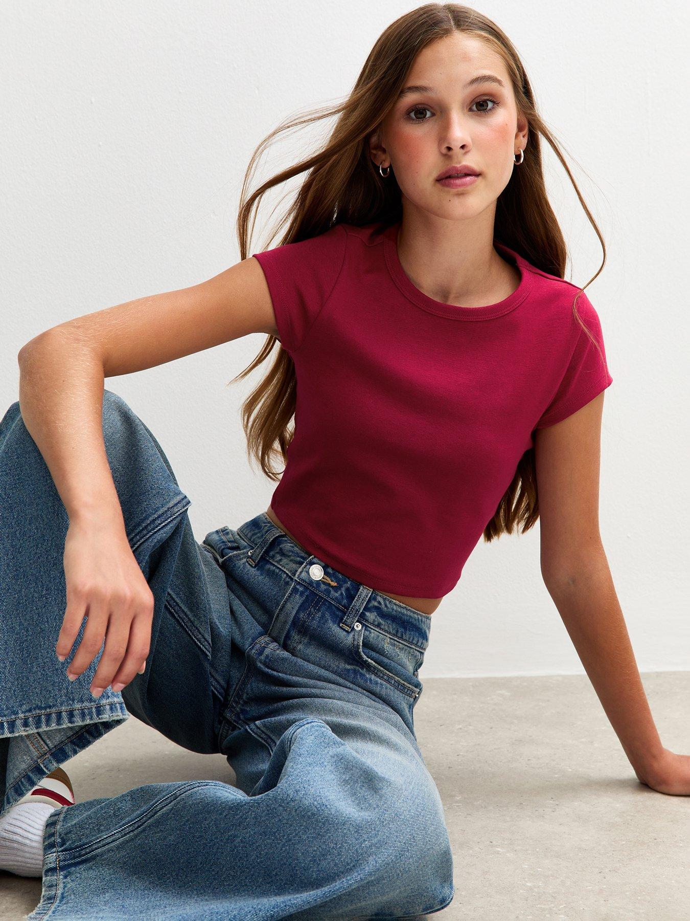 front image of new-look-915-girls-short-sleeve-baby-t-shirt-dark-red