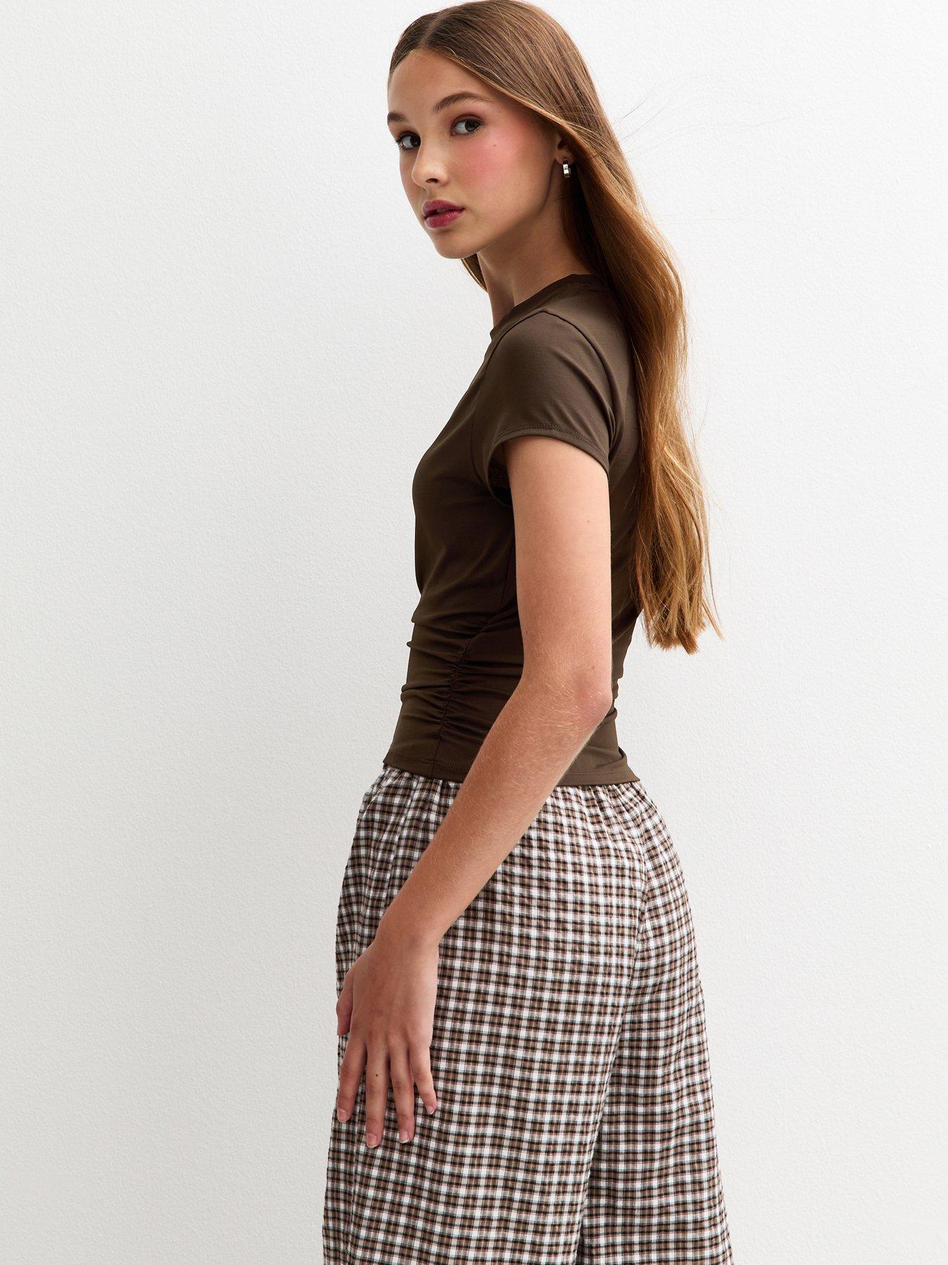  image of new-look-915-girls-ruched-side-baby-tee-t-shirt-dark-brown