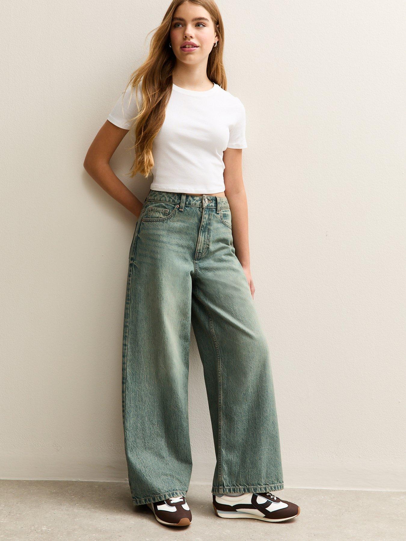  image of new-look-915-girls-distressed-wash-super-wide-leg-jeans-blue