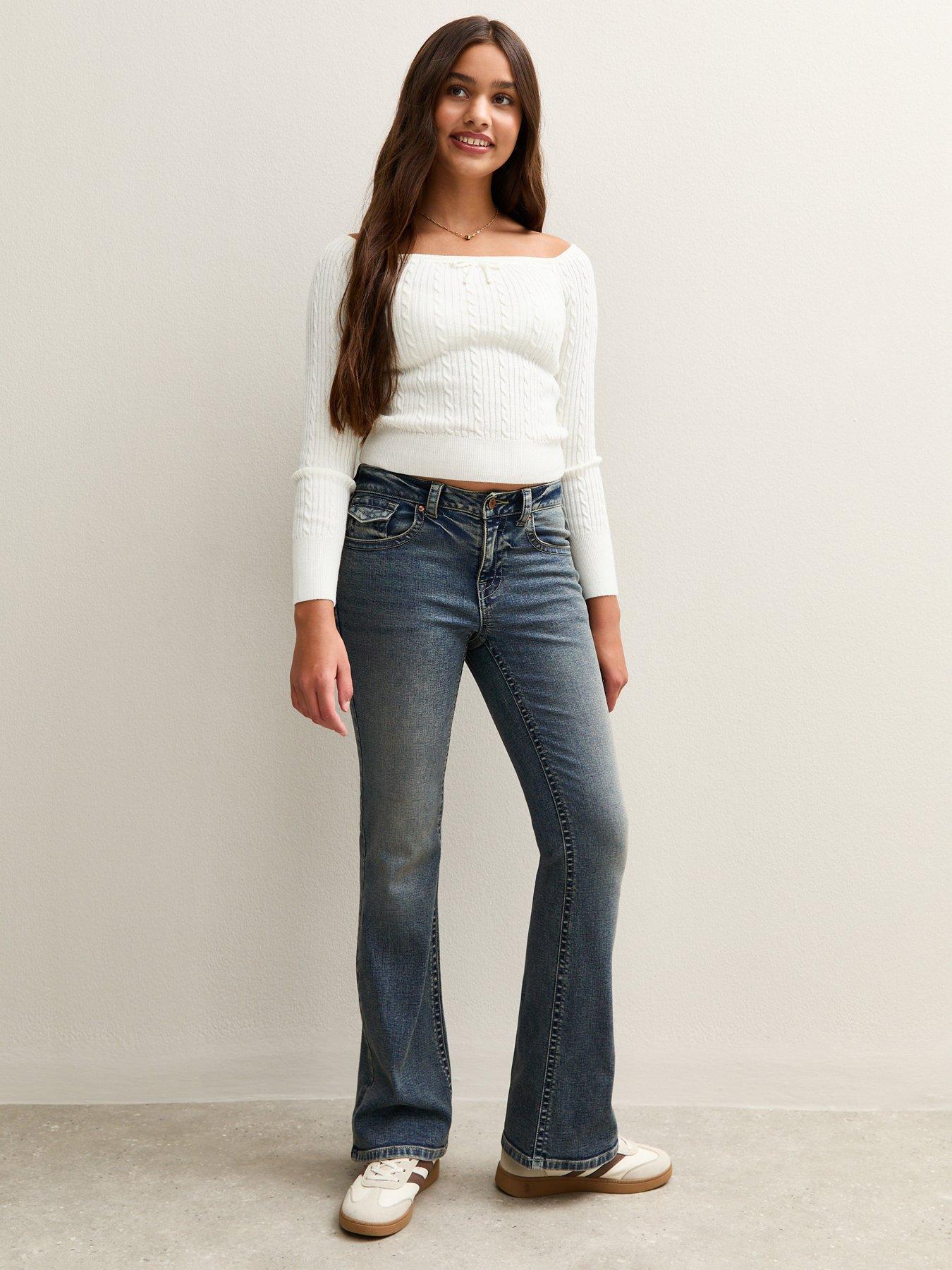  image of new-look-915-girls-faded-low-rise-flared-jeans-blue