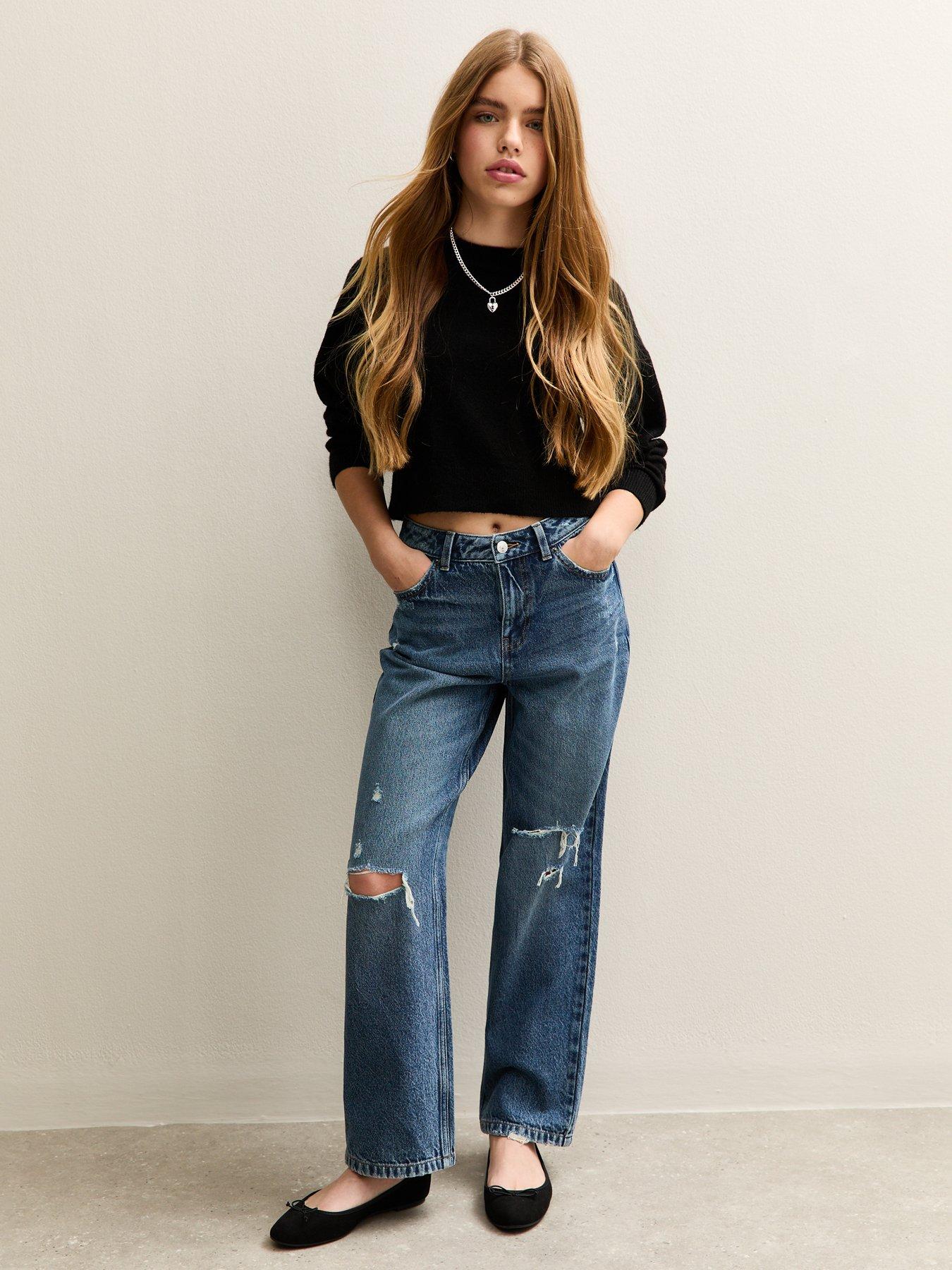  image of new-look-915-girls-mid-ripped-knee-wide-leg-jeans-blue
