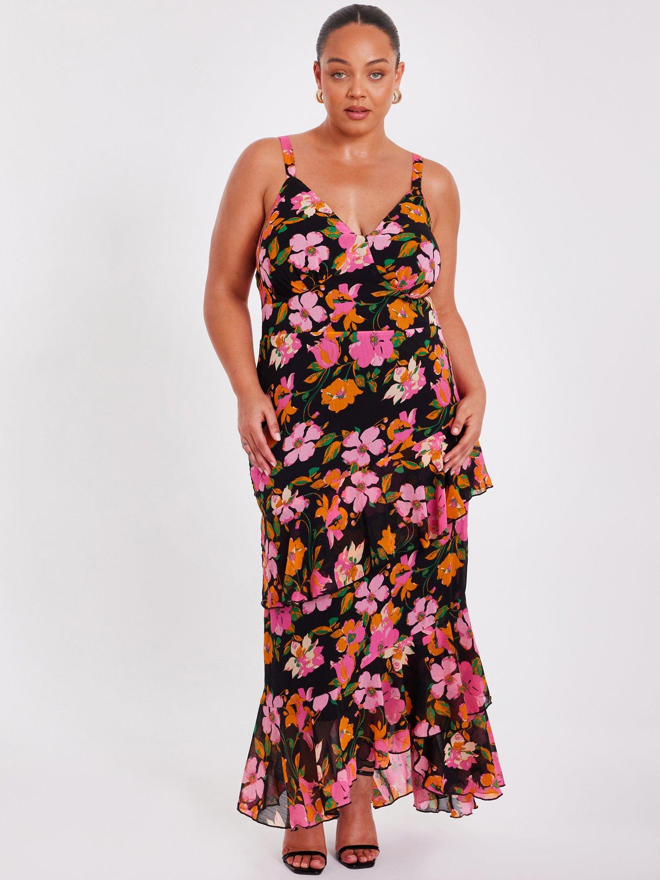 Image 1 of 6 of Quiz Curve Black Floral Midaxi Dress