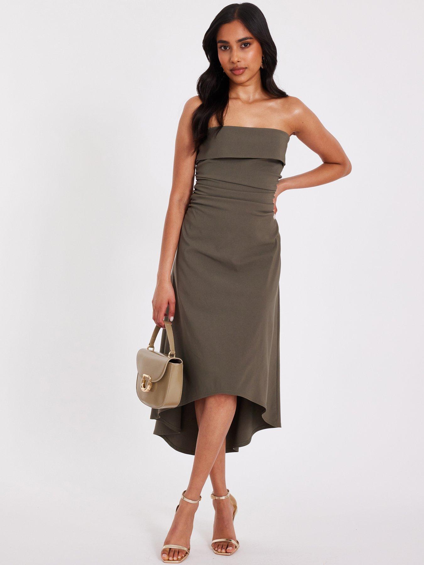 Image 1 of 6 of Quiz Petite Khaki Bandeau Midi Dress