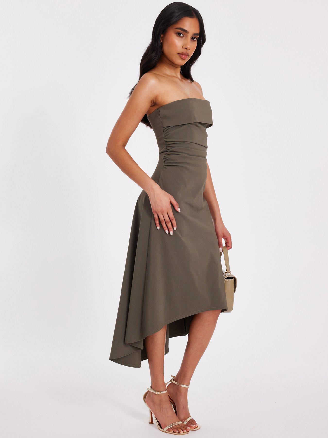 Image 3 of 6 of Quiz Petite Khaki Bandeau Midi Dress