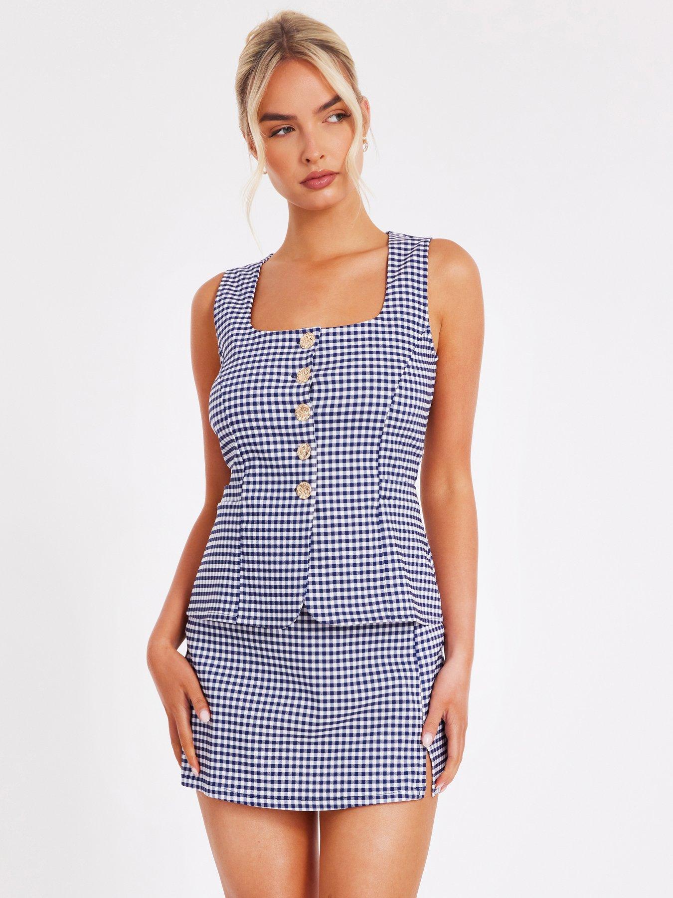 Image 1 of 6 of Quiz Navy Gingham Button Front Waistcoat