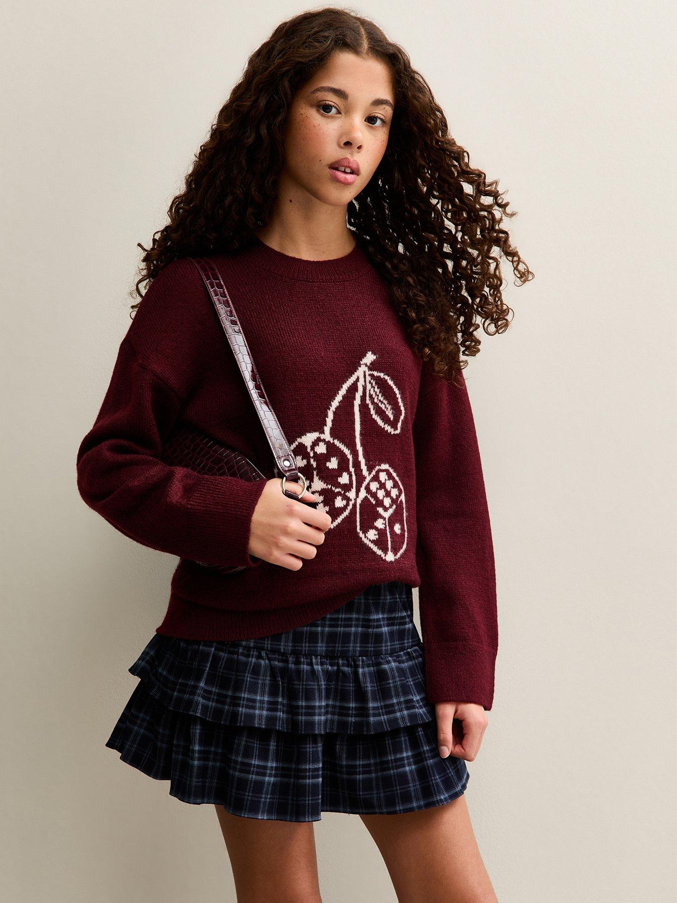 new-look-915-girls-burgundy-dice-knitted-jumper-dark-red