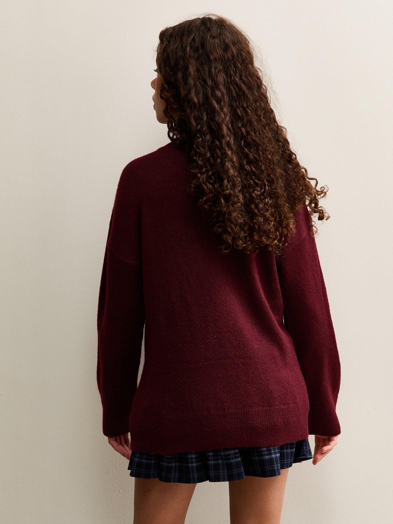 stillFront image of new-look-915-girls-burgundy-dice-knitted-jumper-dark-red