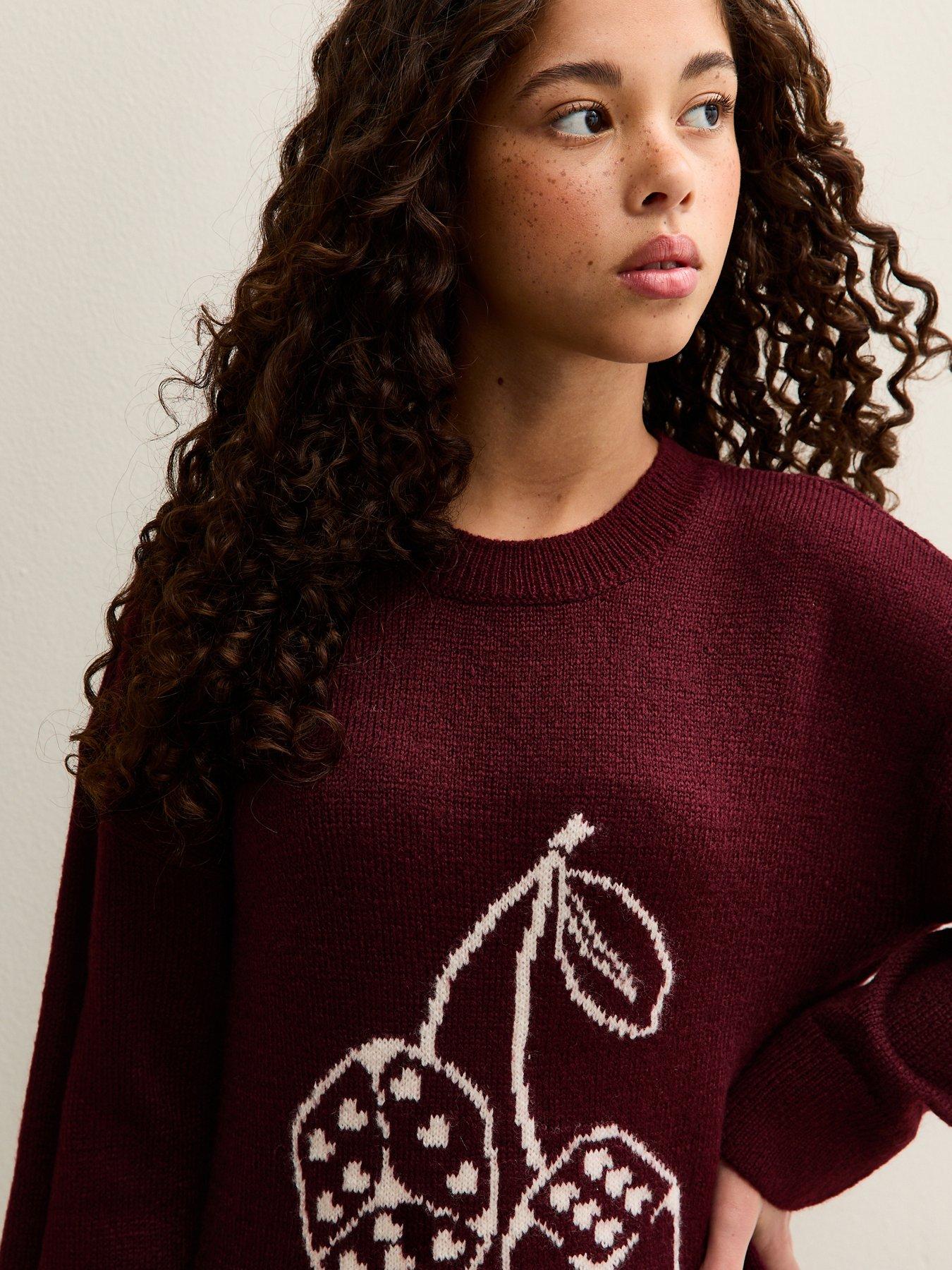  image of new-look-915-girls-burgundy-dice-knitted-jumper-dark-red